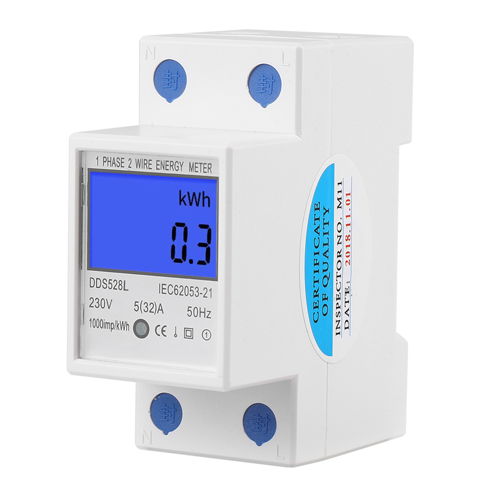 Einphasen-energiezähler 5–32 A, 230 V, 50 Hz, Hintergrundbeleuchtetes Lcd-display, Messung In Watt Und Kwh, Din-schienenmontage