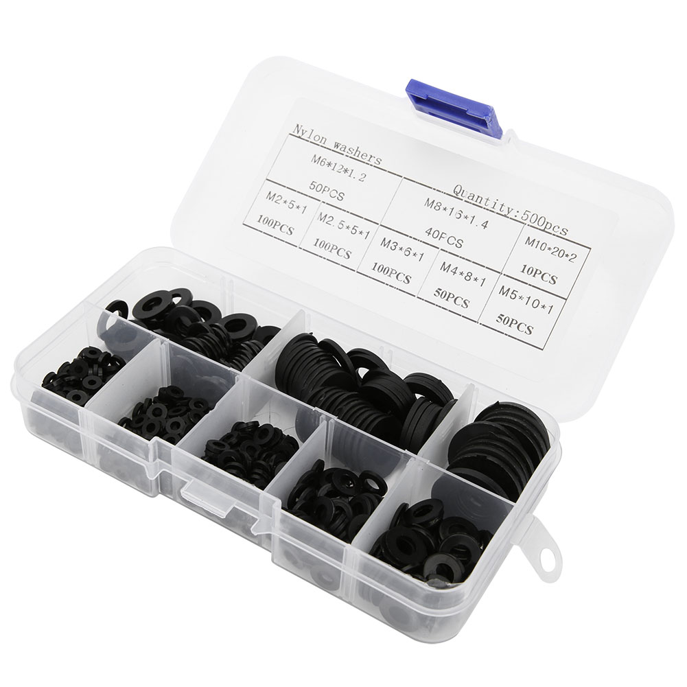 500-teiliges Sortiment An Nylon-unterlegscheiben M2, M2,5, M3, M4, M5, M6, M8, M10, Schwarzes Befestigungszubehör