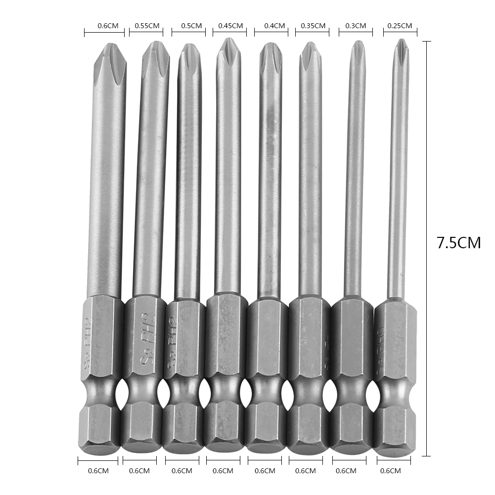 Set Mit 8 Magnetischen Schraubendreherbits, 75 Mm, 1/4"-schaft, Länglicher Kreuzschlitzkopf