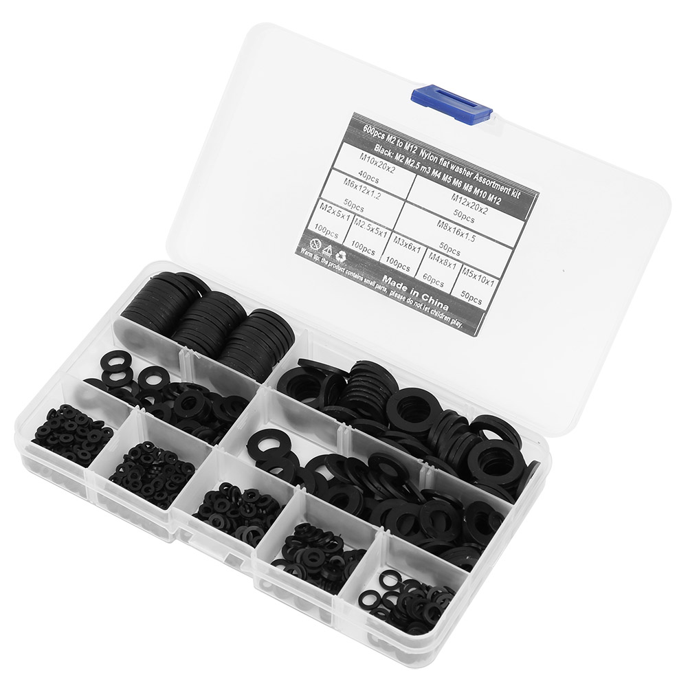 600 Schwarze Nylon-unterlegscheiben, M2-m12 Kombinationsdichtungssatz, 9 Größen, Befestigungsmaterial
