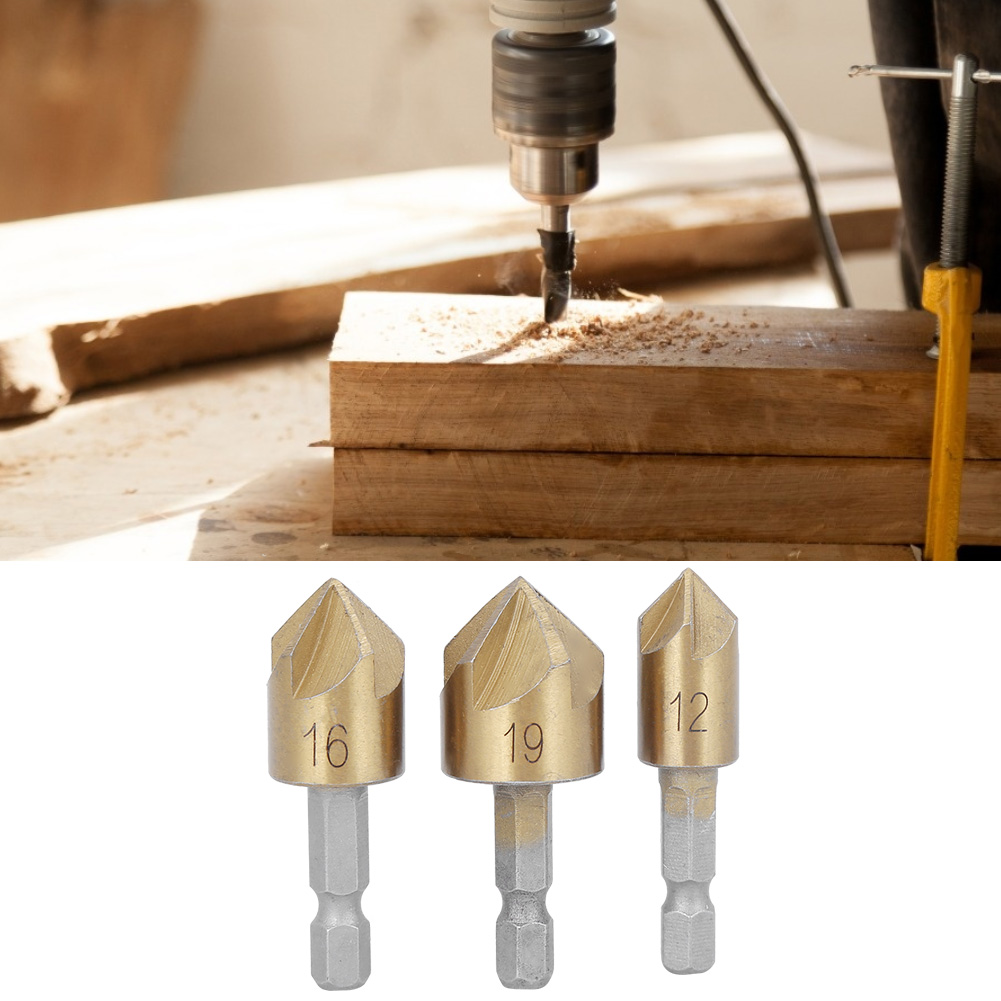 Set Mit 3 Hss-holzfasfräsern, Goldfarbener Sechskantschaft, 5 Schneiden, 90°-winkel, Ø 12–19 Mm Für Oberfräsen