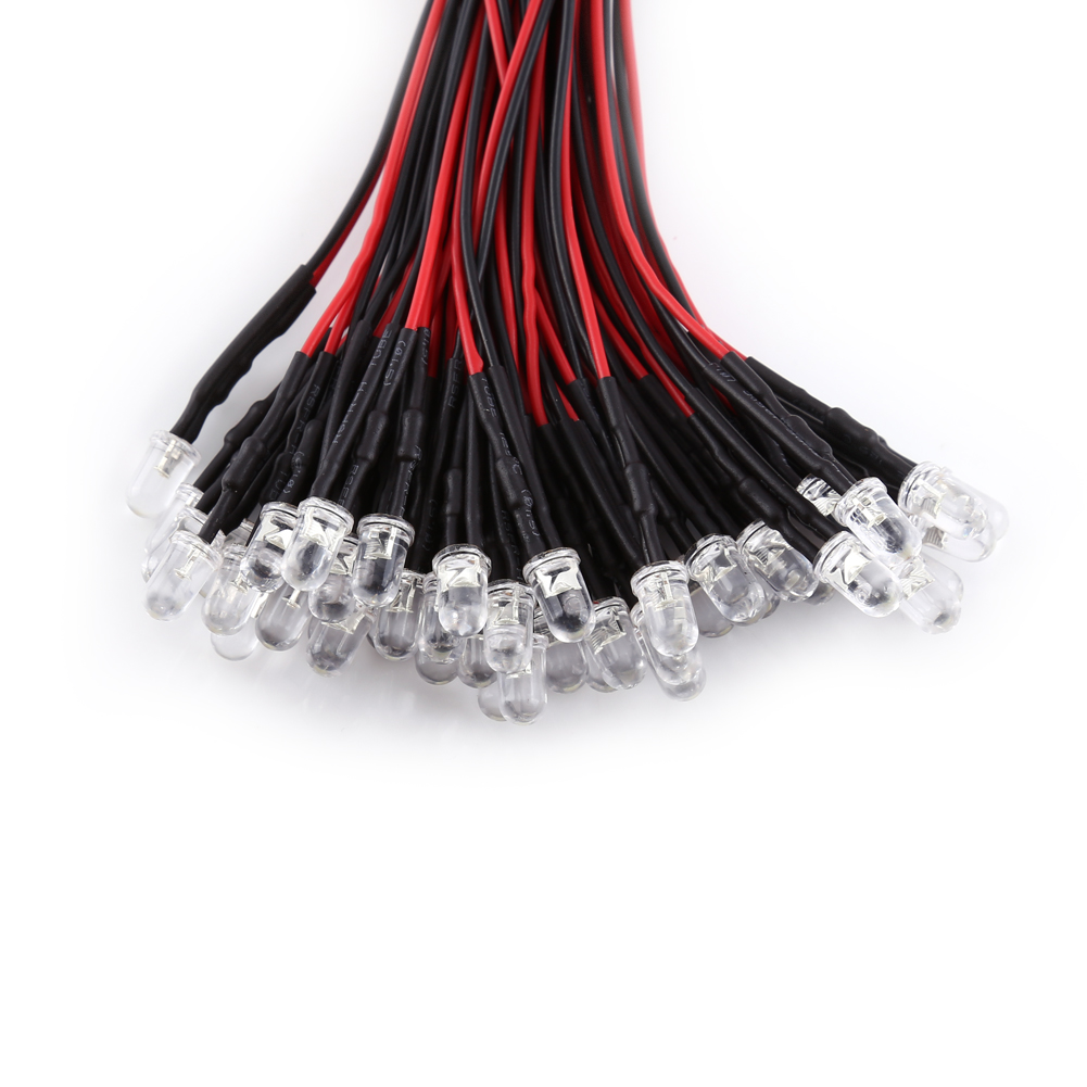 Packung Mit 50 Leds, 3-5-10 Mm, 9-12 V Dc, Verkabelt, Weiß, Rot, Blau, Grün, Helles Licht