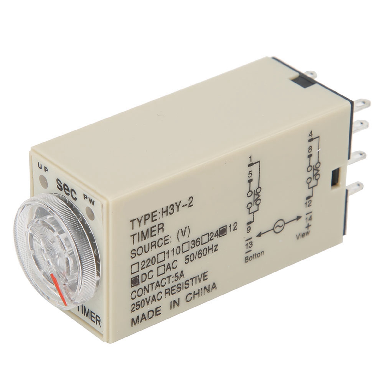 Zeitrelais H3y-2, 8 Pins, 0–5 Sekunden, Einstellknopf, 5 A, Mehrzweck, 12 V Dc