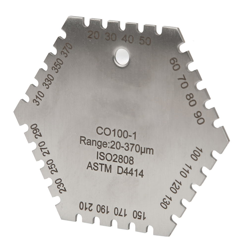 Sechseckiges Edelstahl-nassfilmdickenmessgerät Co100-1, Messkamm 20-370µm, Qualitätskontrollwerkzeug, Beschichtungsprüfgerät, Metrische Karte.