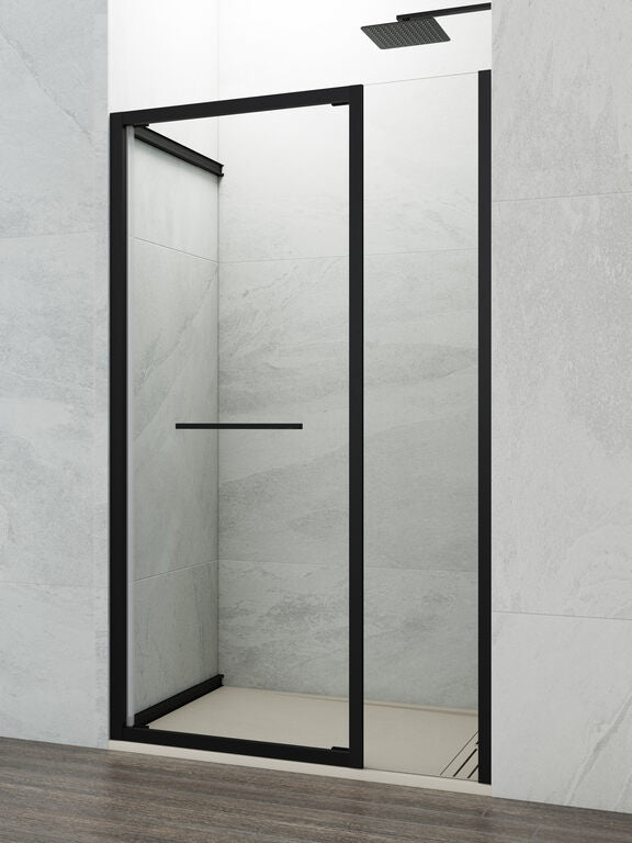 Spazio Duschabtrennung Mit Festteil Und Drehtür, 125 Cm, Mattes Schwarzes Profil, Klarglas, Festteil 60 Cm, Drehtür 65 Cm