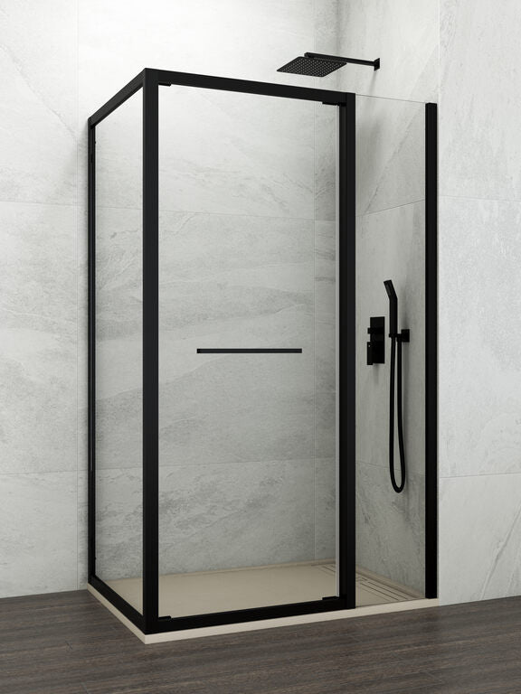 Spazio Eckdusche Mit Festem Frontteil, Drehtür Und Festem Seitenteil, 135x80 Cm, Mattes Schwarzes Profil, Klarglas, 60 Cm Festteil, 75 Cm Drehtür