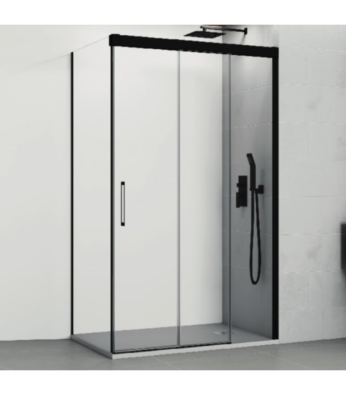 Trio Eckdusche Mit 2 Schiebetüren Und Festem Seitenteil, 105x70 Cm, Mattes Schwarzes Profil, Klarglas