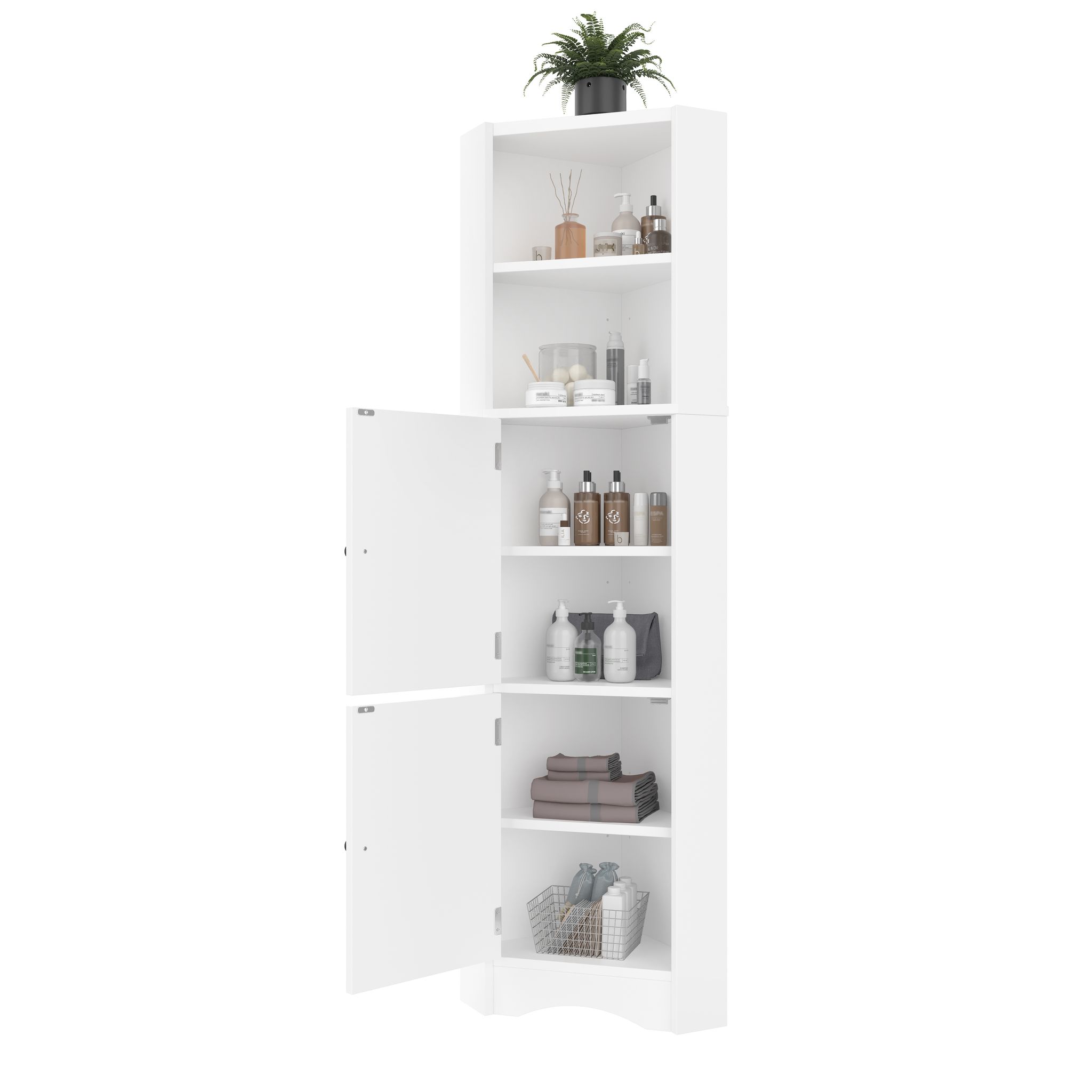 Elvmi Eck-badezimmerschrank Mit 2 Türen, 2 Offenen Fächern Und Verstellbaren Einlegeböden, Aus Mdf, Weiß, 51.7 X 32 X 155.4 Cm