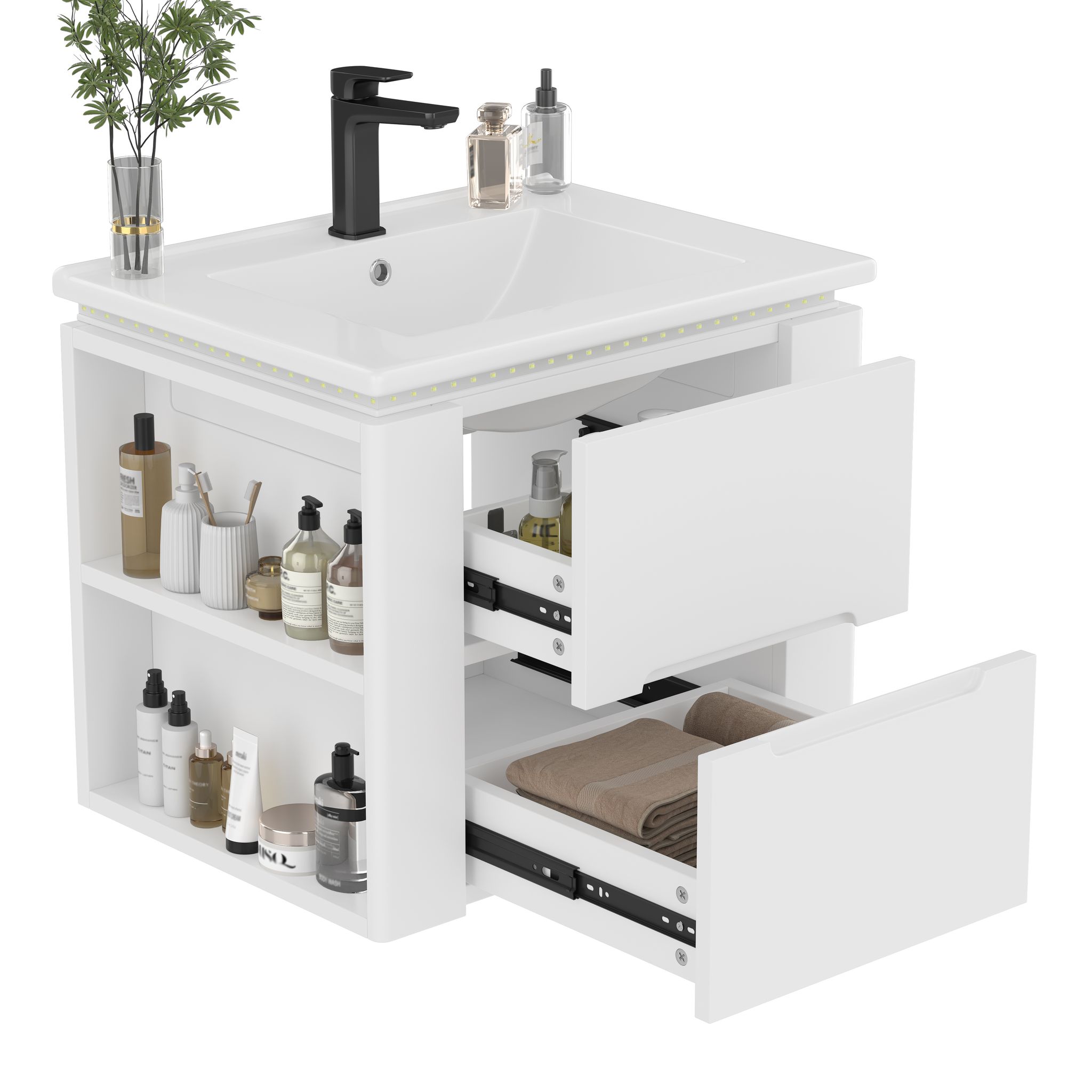 Elvmi Waschbeckenunterschrank Mit 2 Schubladen, Led Radar, Integriertes Waschbecken, Bad, 61×46×48.5 Cm