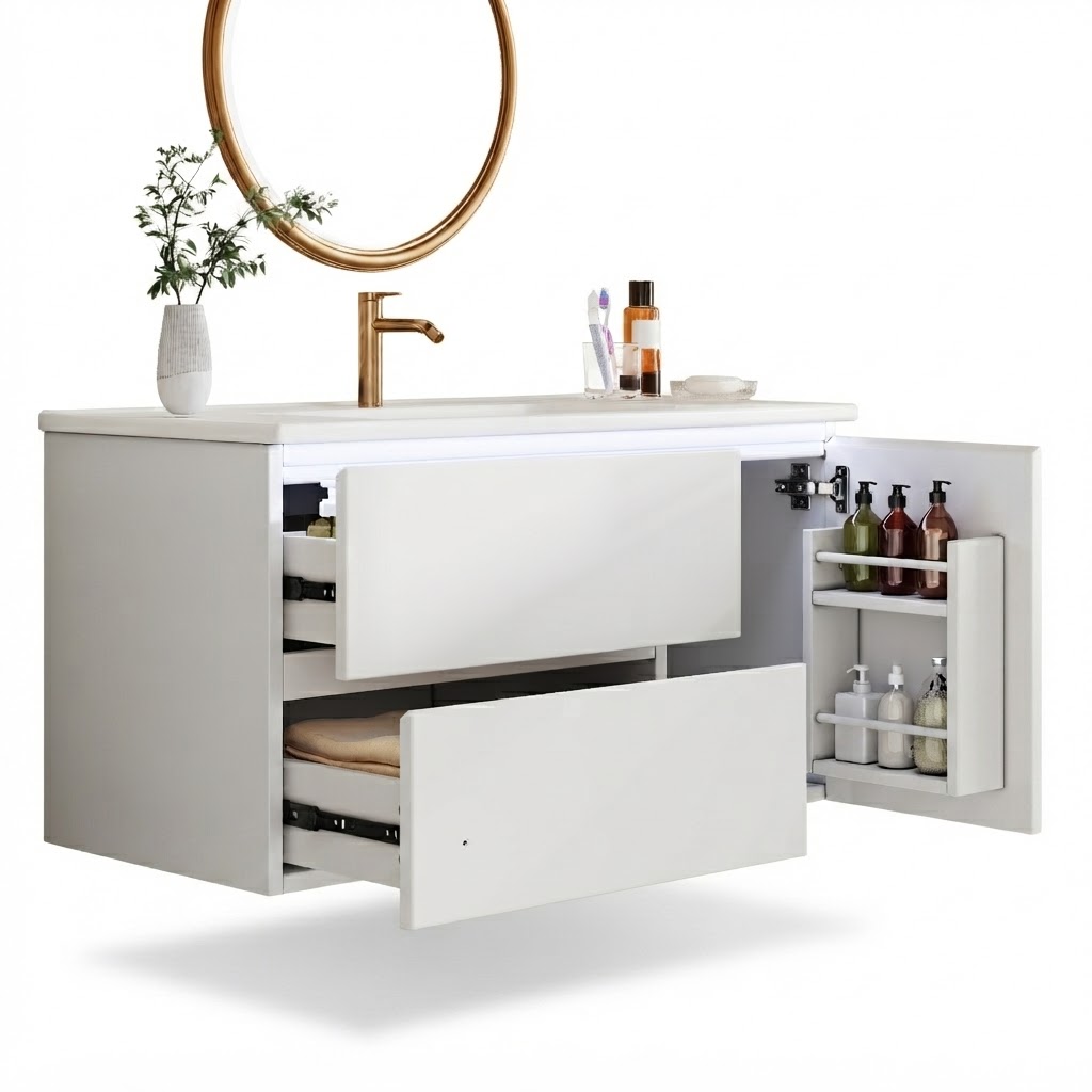 Elvmi Waschtischunterschrank Mit 2 Schubladen, 1 Fach Und Led Mit Radarsensor, Bad, 91.5 X 46.5 X 50.5 Cm, Aus Mdf Und Keramik, Weiß