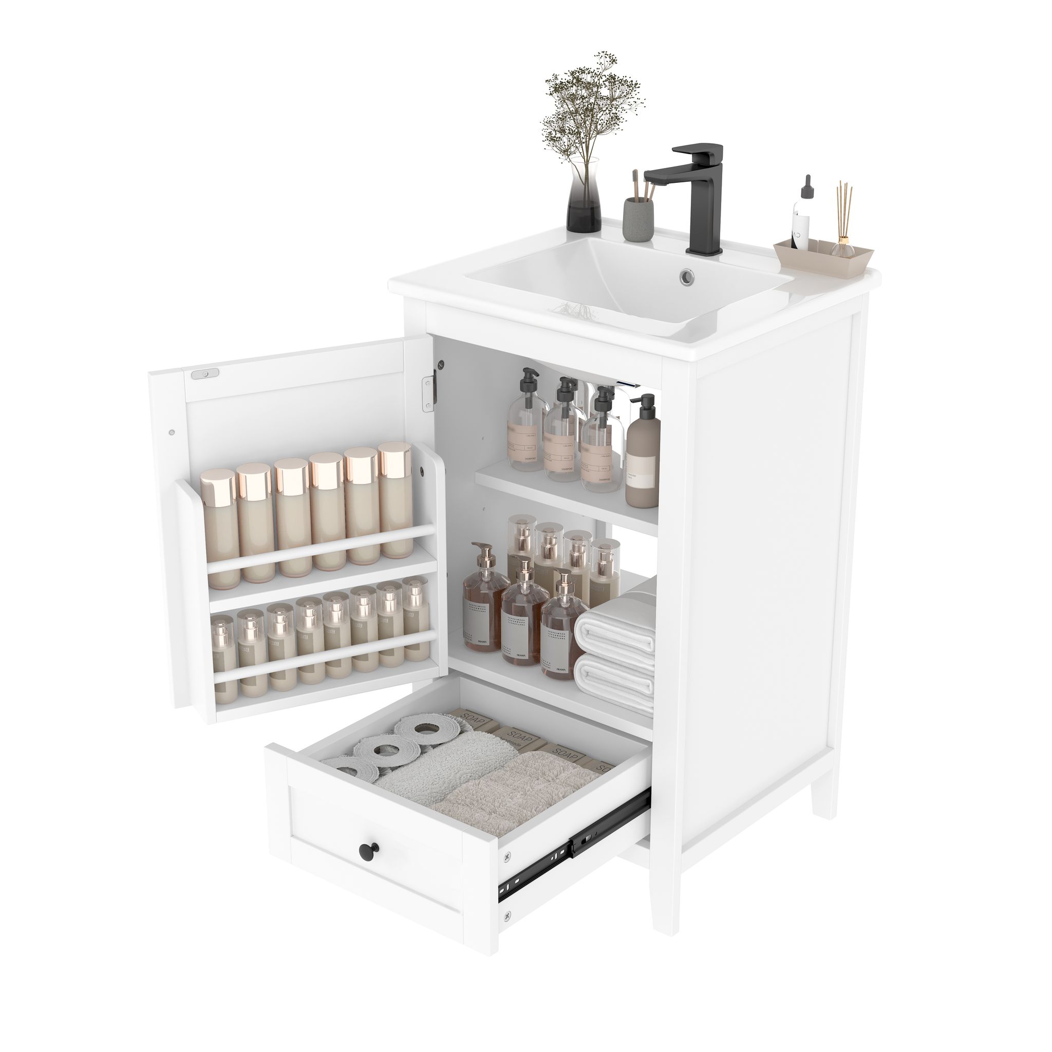 Elvmi Waschtischunterschrank Mit 1 Tür, 1 Schublade, Verstellbarem Regal, Keramikwaschbecken, Badezimmer, 51×46×85 Cm