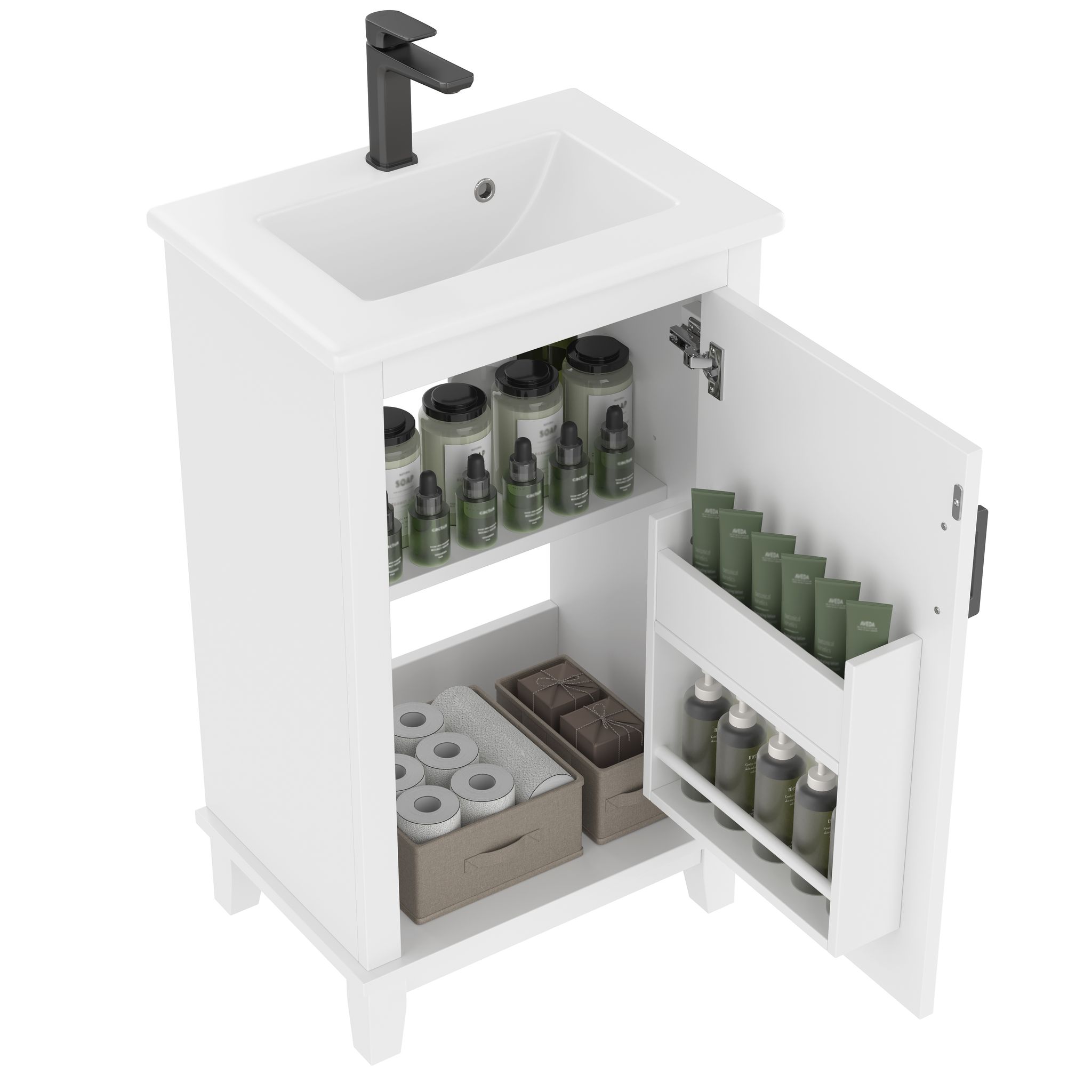 Elvmi Unterschrank Mit 1 Tür Und Verstellbarem Fach, Integriertes Keramikwaschbecken, Bad, 51×34×83 Cm