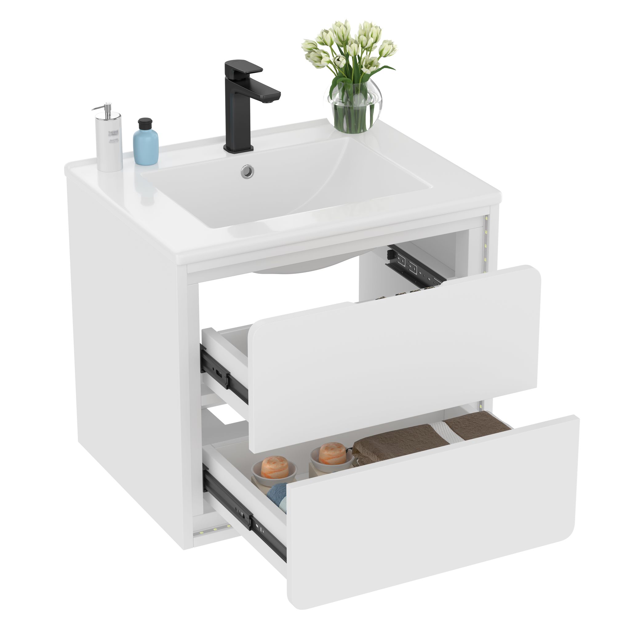 Elvmi Waschbeckenunterschrank Mit 2 Schubladen Und Radar-sensor-licht, Badezimmer, 60×46×50 Cm