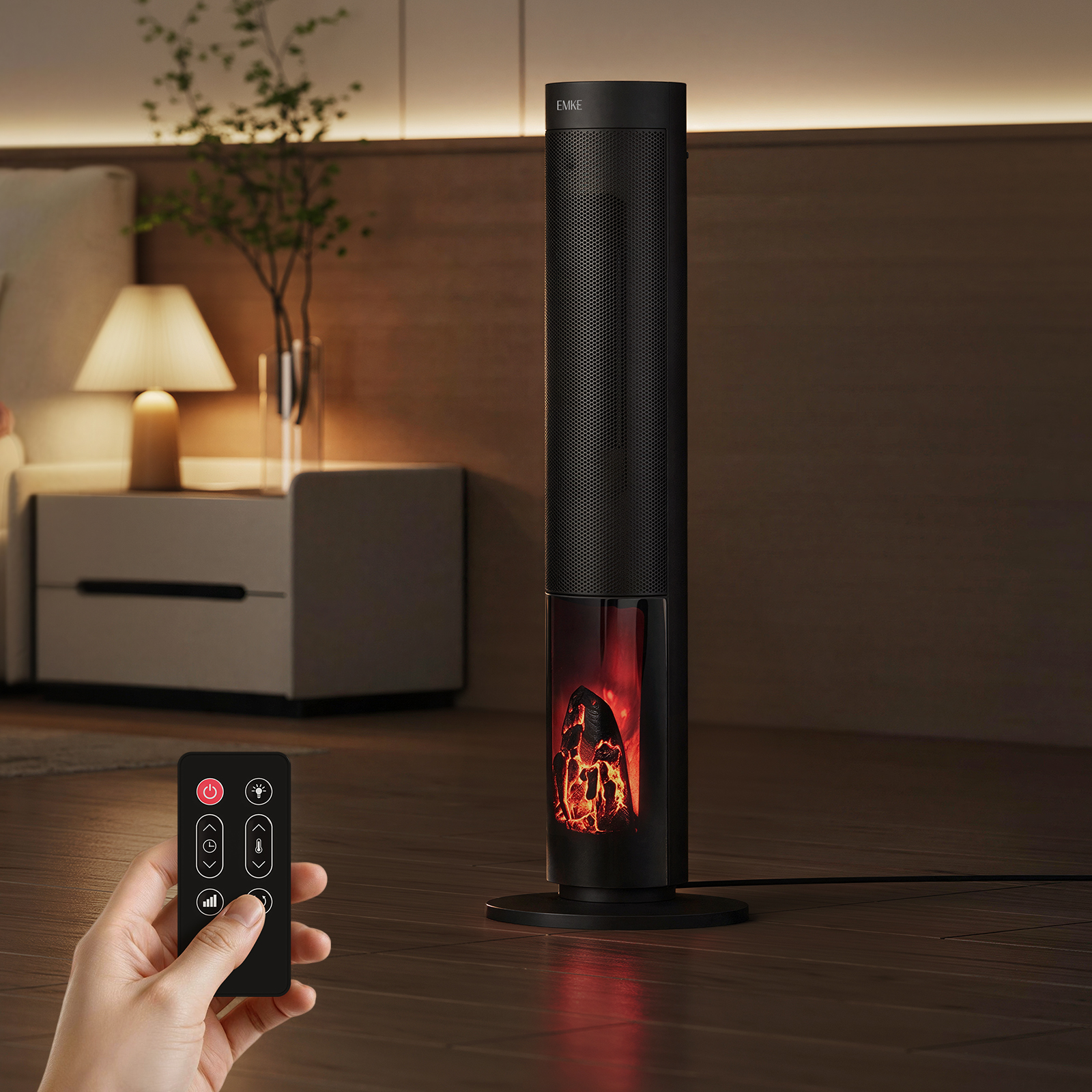 Emke Mobiler Säulen-heizlüfter Mit Flammeneffekt, Keramikheizung, 2000 W Schwarz, 80° Oszillation, Timer, Fernbedienung