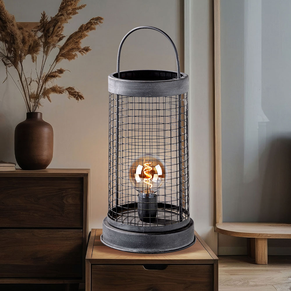 Tischleuchte Dekoleuchte Vintage Beistellleuchte Gitter Grau Tischlampe Industriell, Metall Dunkelgrau, 1x E27 Fassung, Lxbxh 21,5x21,5x52 Cm