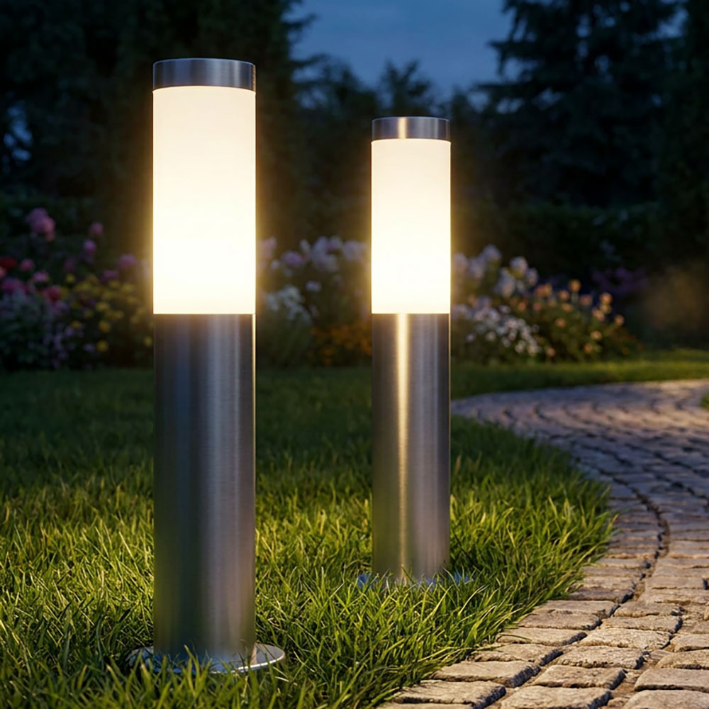 2er Set Design Steh Edelstahl Lampe Weiß Beleuchtung Sockel 1x E27 Balkon Rasen