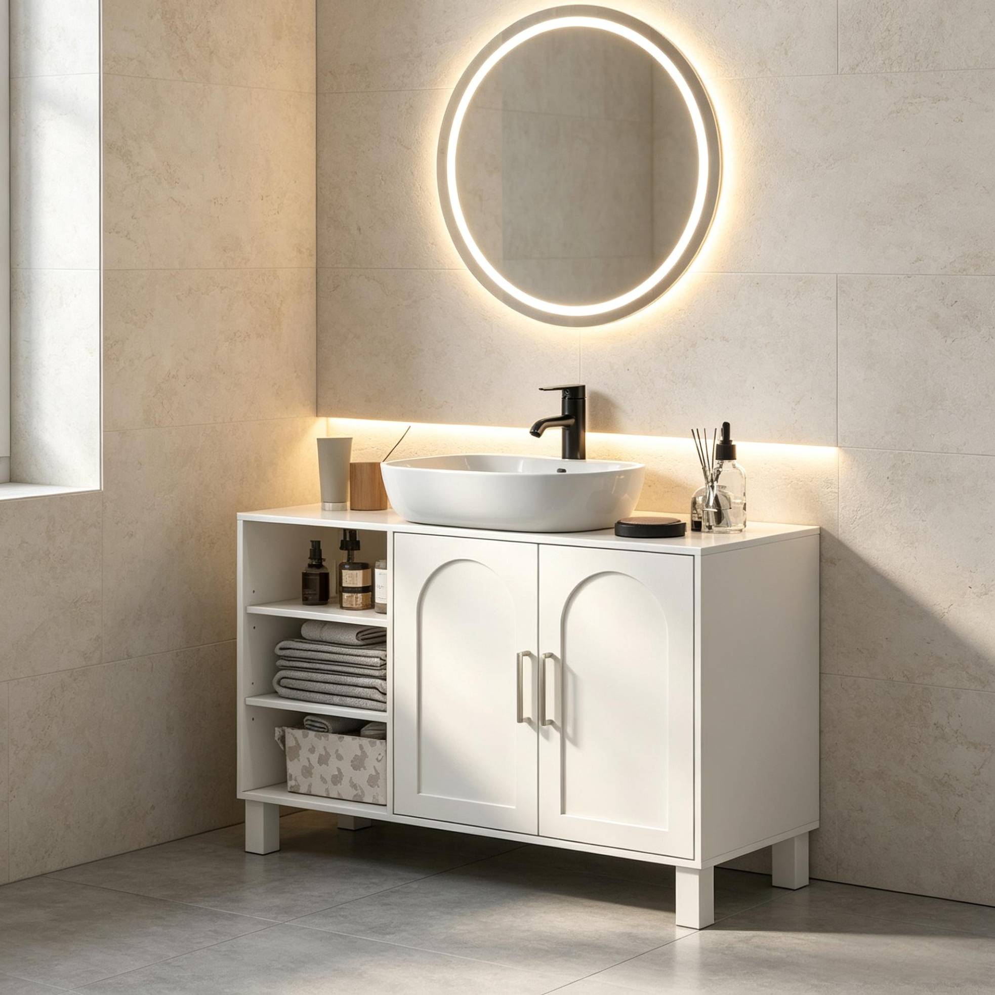 Waschbeckenunterschrank Mit Offenen Regalen Und Doppeltüren, 90 X 30 X 63 Cm, Creme Havrya