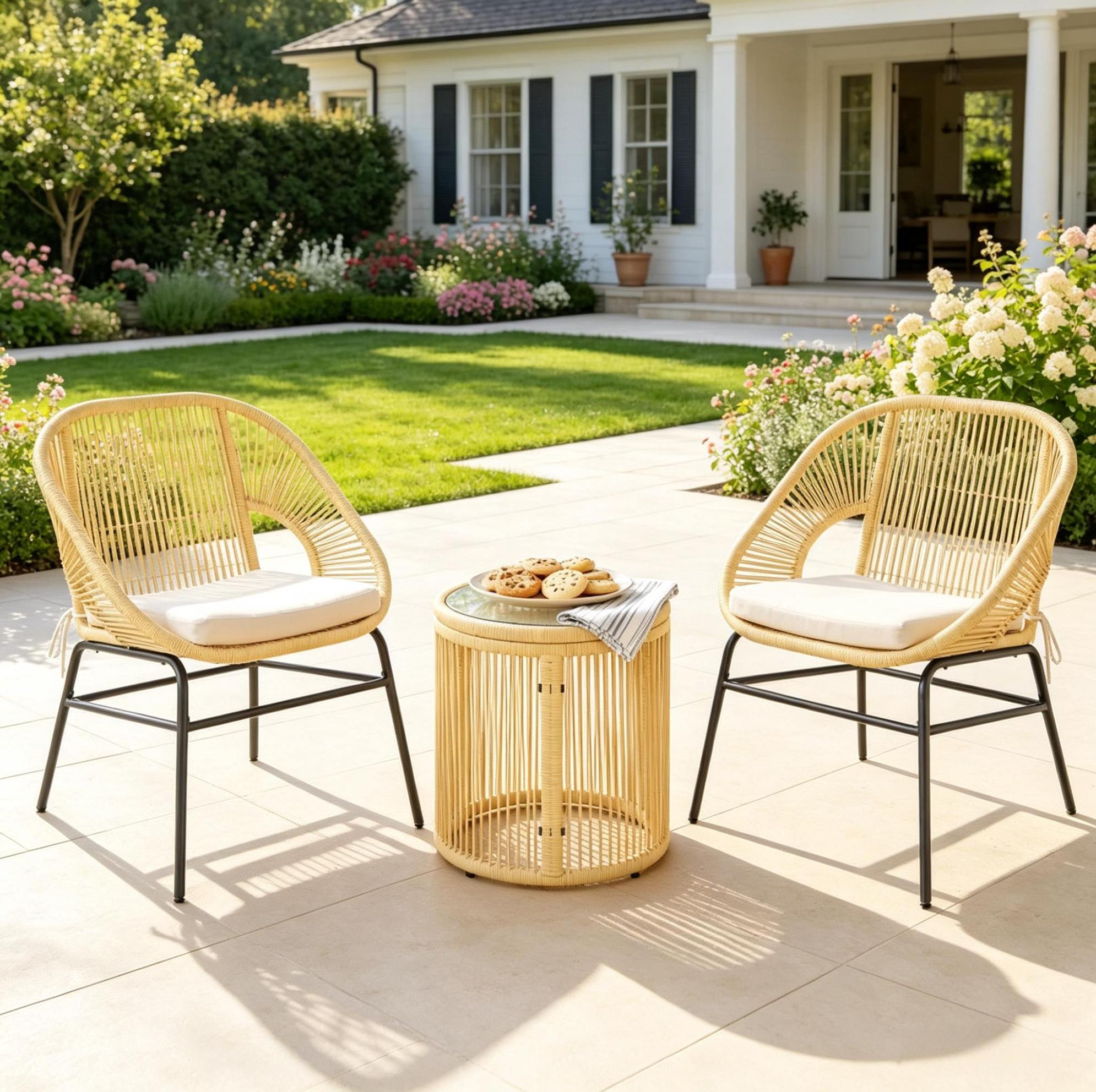 Beige Gartenlounge Für 2 Personen Mit Rundem Tisch Aus Gehärtetem Glas Havrya