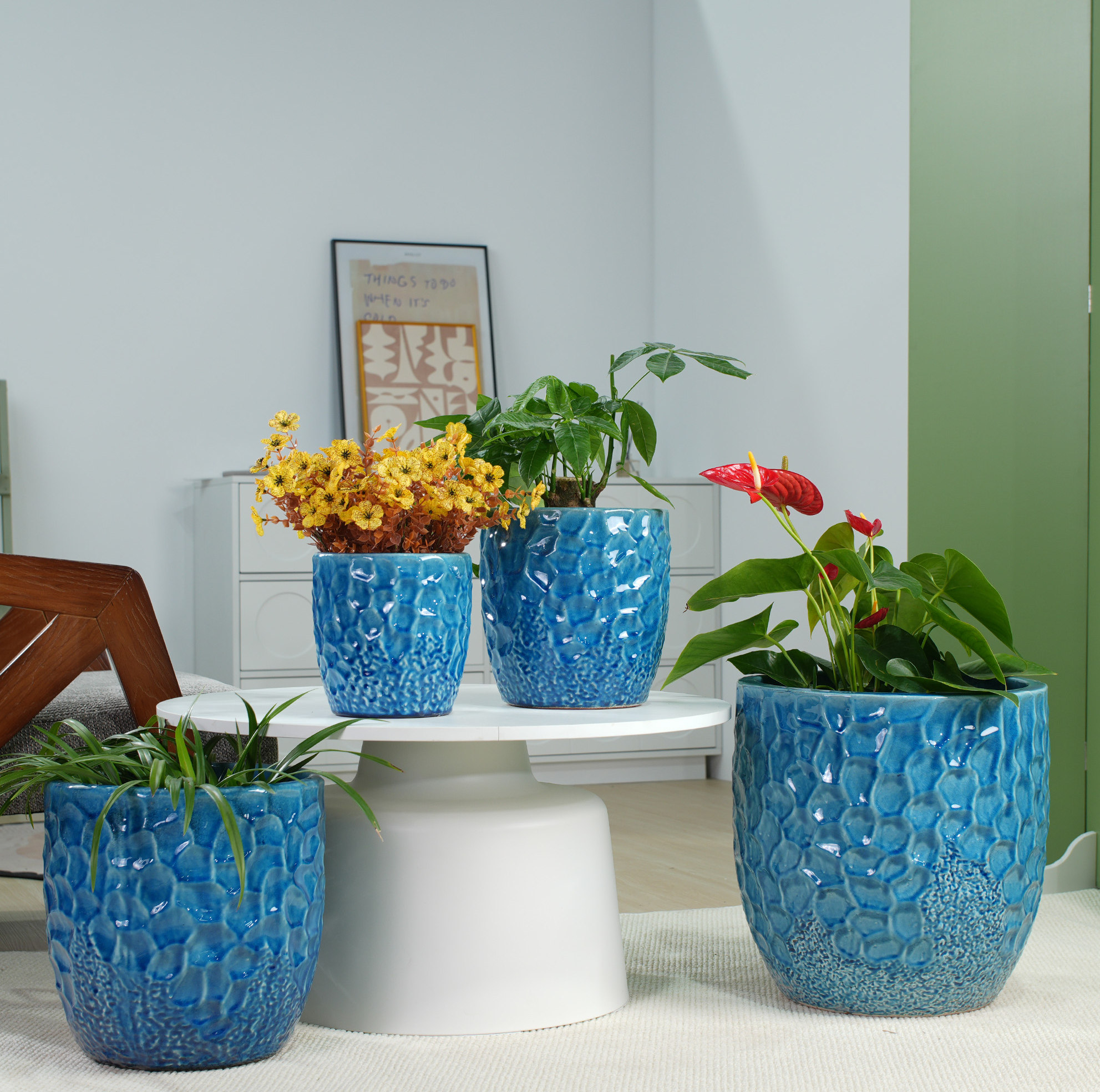 Blaue Keramik-pflanzschale Ø22,5 Cm Mit Hammerschlag-relief Und Drainage Havrya