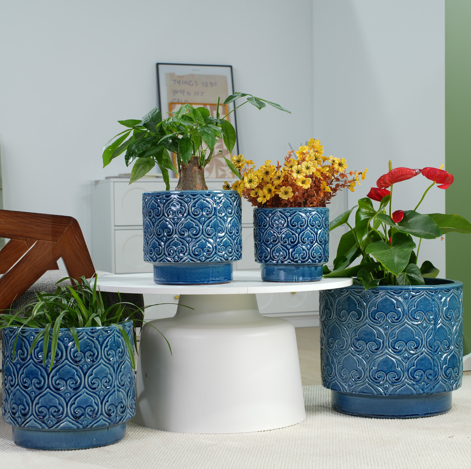 Keramik-blumentopf Ø38 Cm Blau Glänzend, Frostbeständig, Mit Drainageloch