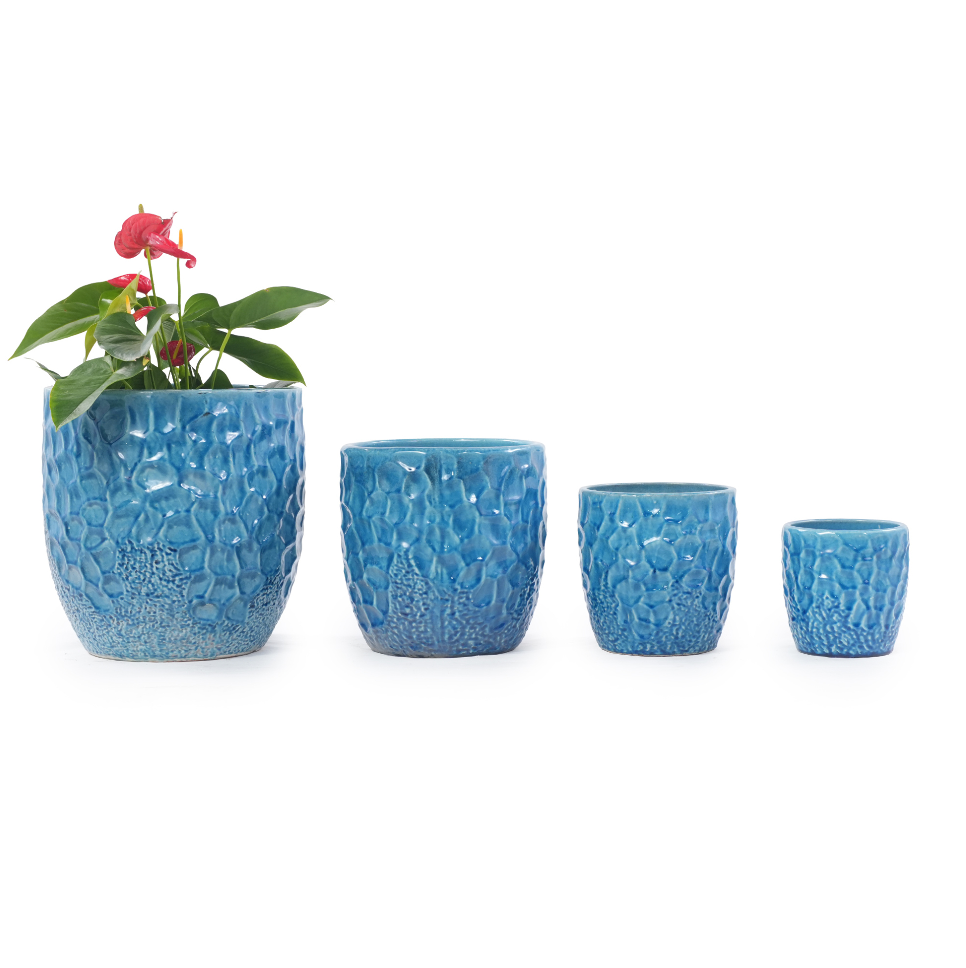 Pflanztopf Aus Keramik Ø18 Cm Mit Drainageloch, Glänzend Blau Gehämmert Havrya