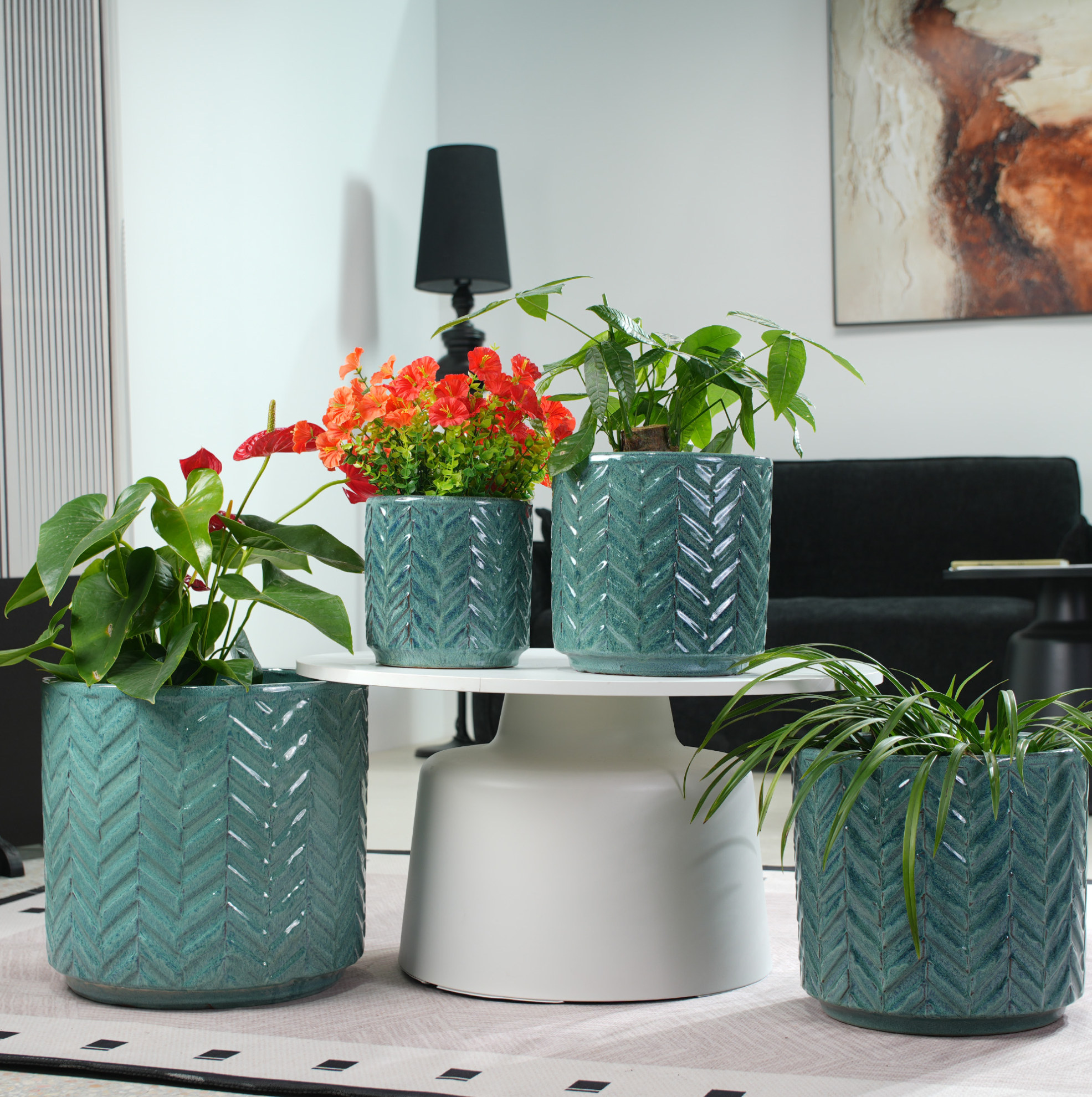 Keramik-blumentopf Ø24,5 Cm, Glänzend Aqua Blau Mit Ährenrelief Havrya