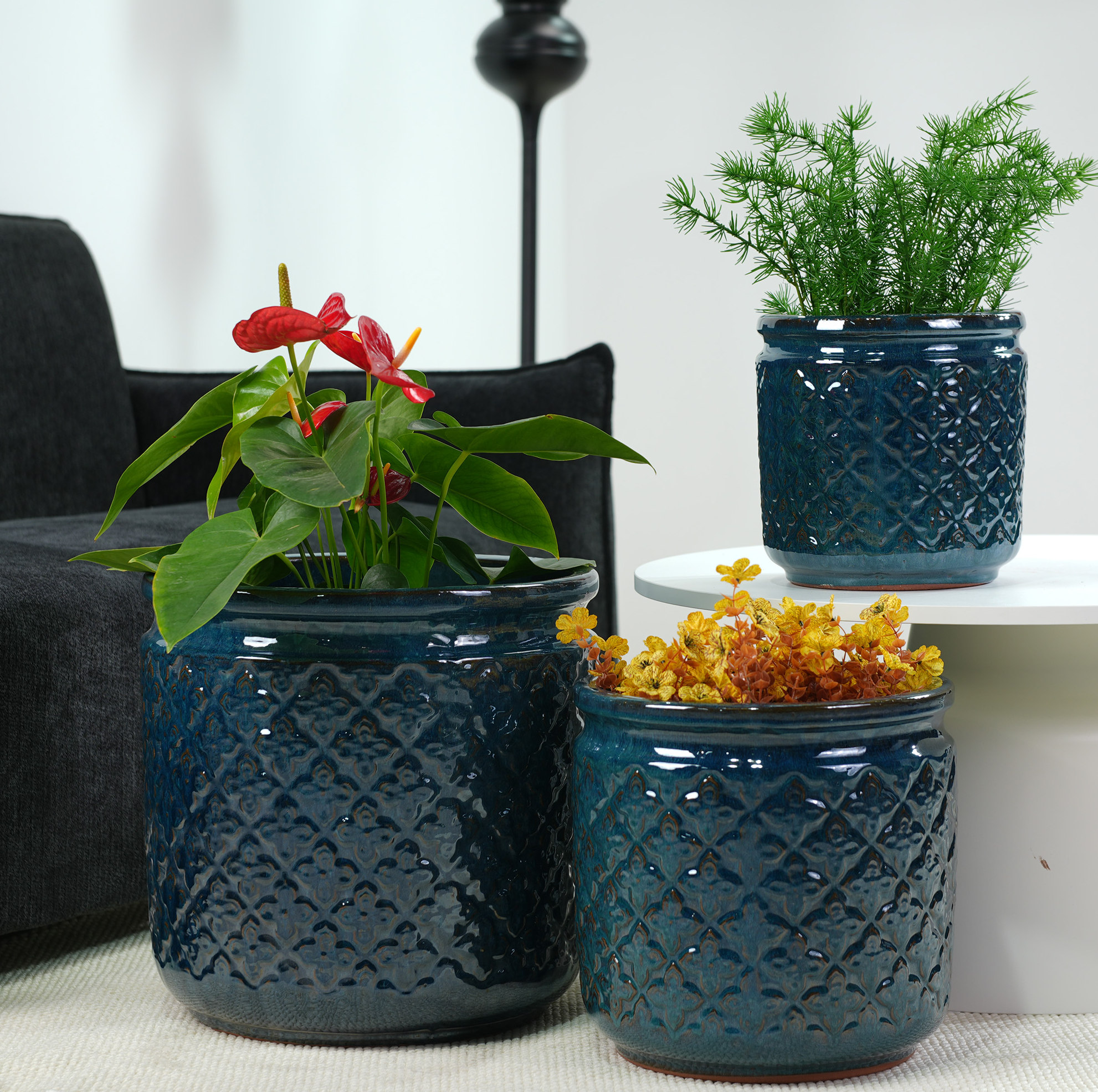 Gartentöpfe Aus Keramik, 3 Stück, Ø 38/30,5/23 Cm, Glänzend Blau-grün Havrya