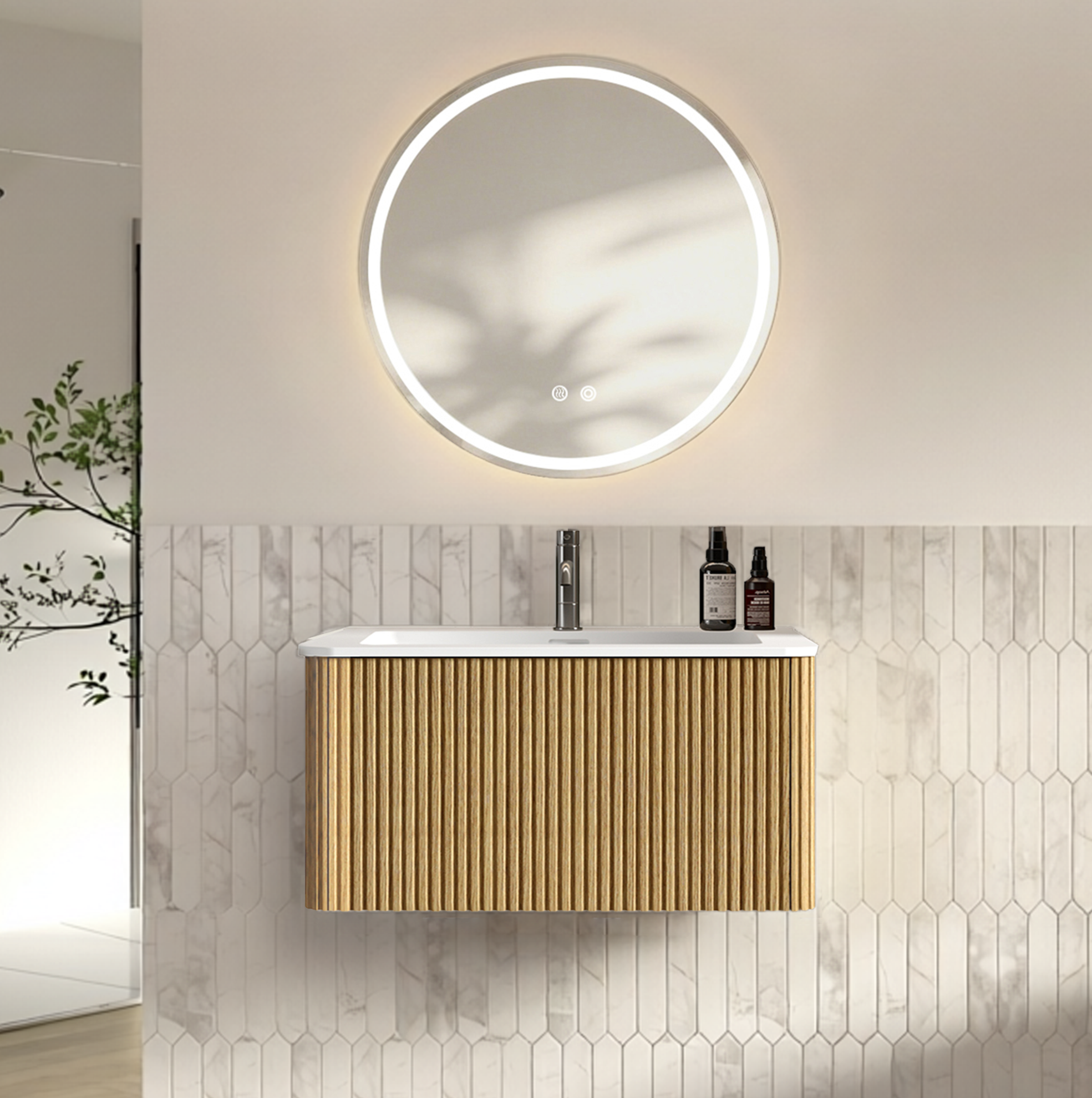 Badmöbel Mit Waschbecken Und Spiegel 80 Cm, 1 Schublade, Eiche Havrya