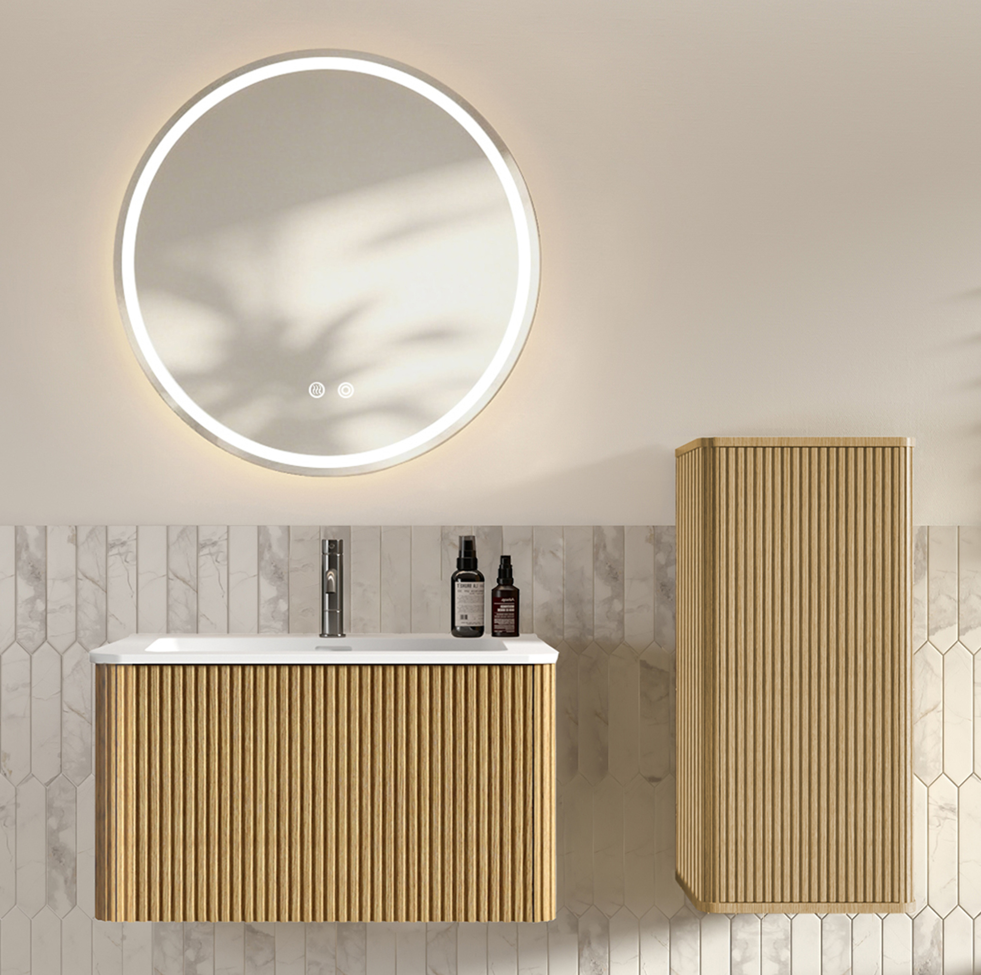 Badezimmerschrank Mit Waschtisch Und Led-spiegel, Hänge-set 80 Cm, Eiche Havrya