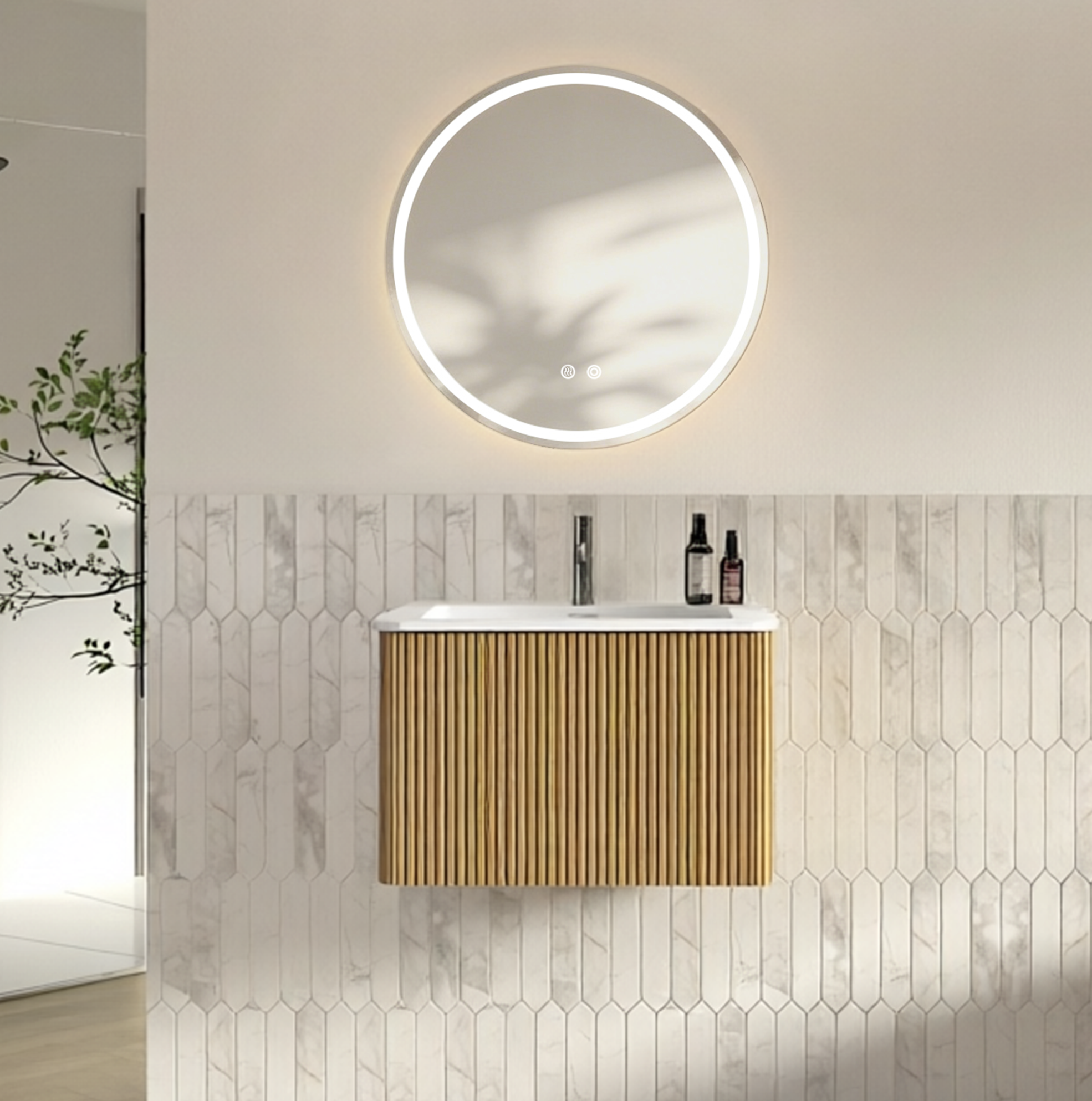 Badezimmermöbel Mit Waschbecken Und Led-spiegel, 60 Cm, Wandmontiert, Eichenfarbe Havrya