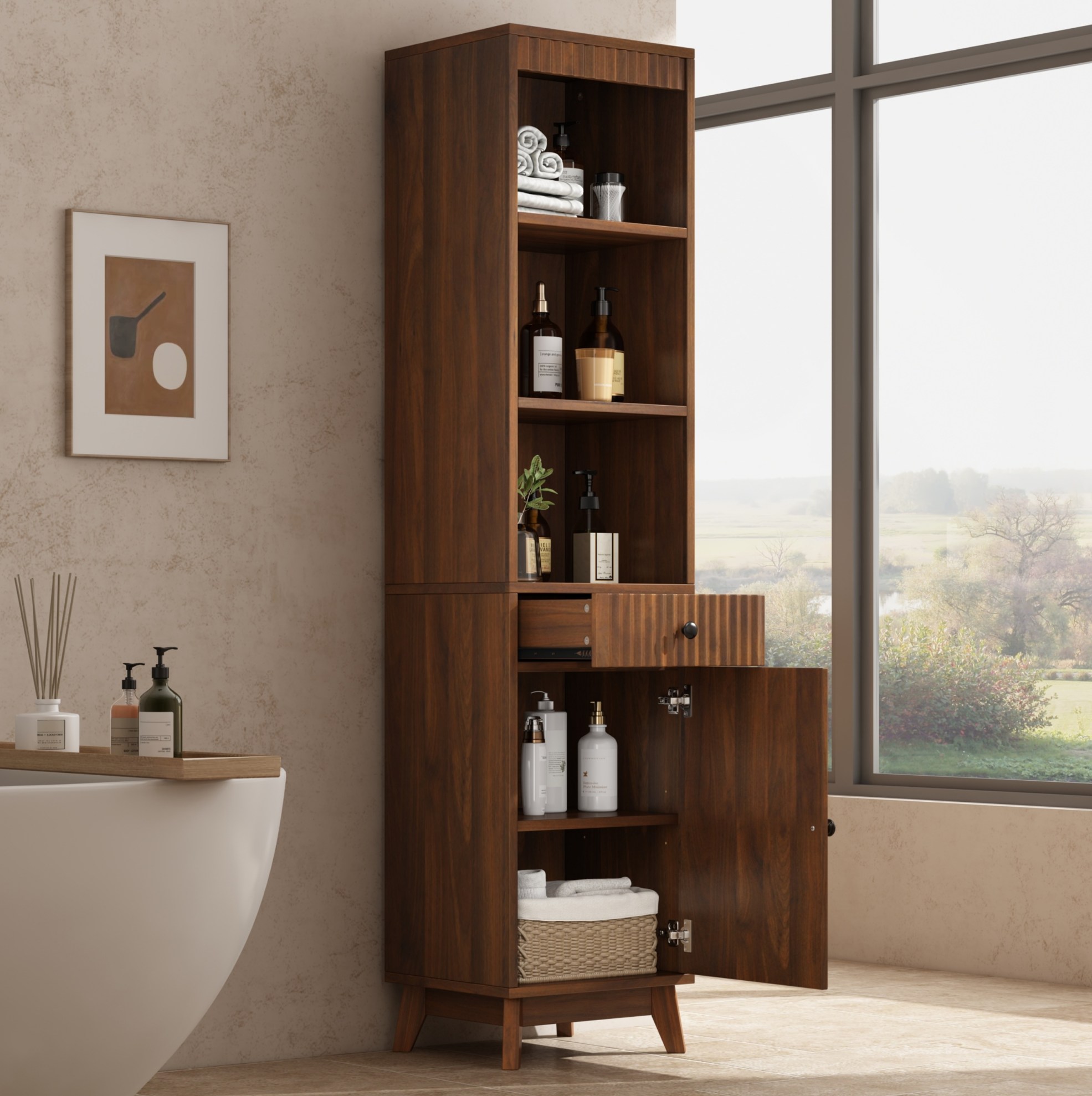 Badezimmerschrank 172 Cm, Tür Beidseitig Montierbar, Schublade, Mdf Walnuss Havrya