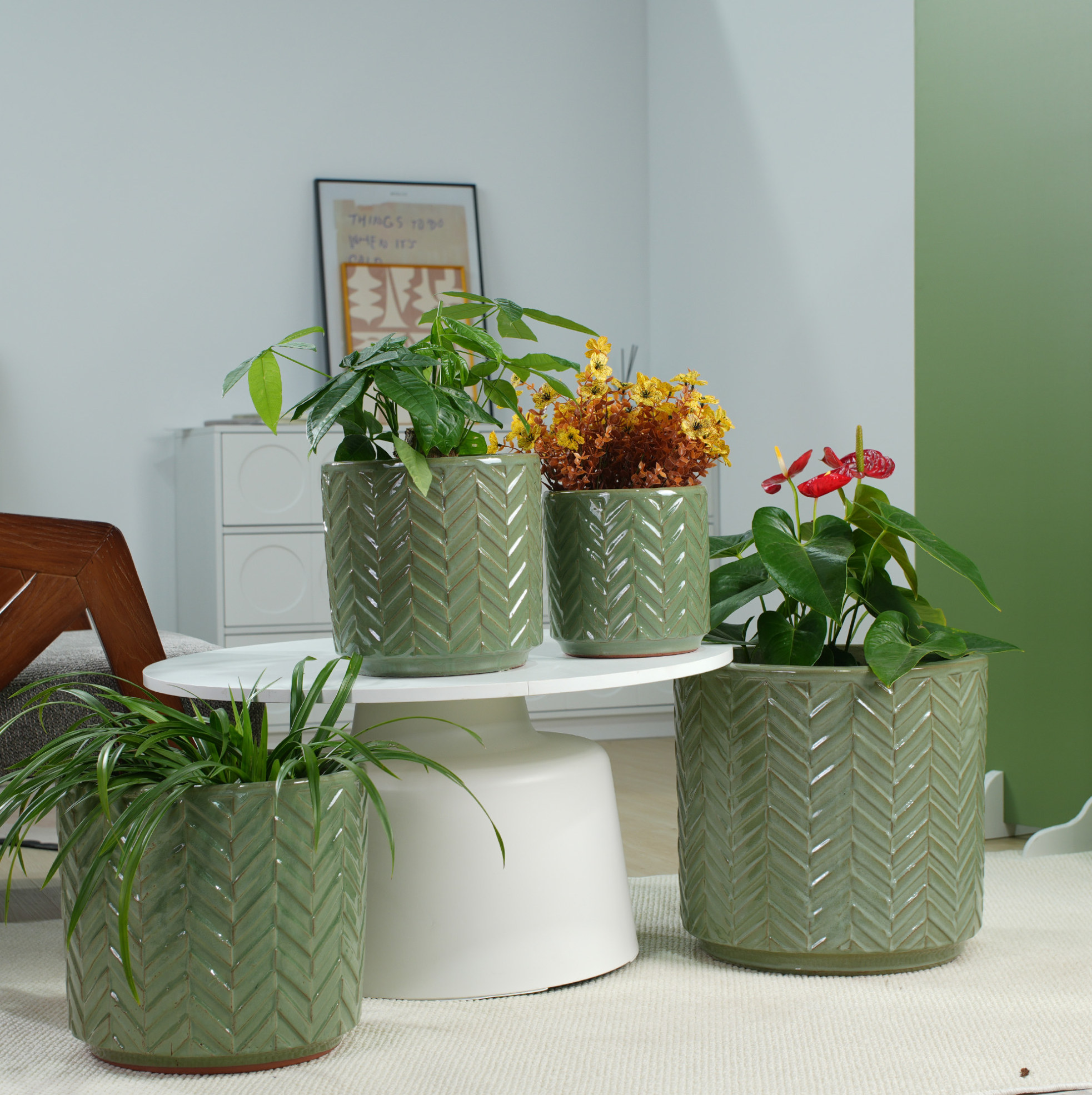 Keramik-blumentopf Ø31,5 Cm Mit Chevron-relief, Glänzend Salbeigrün Havrya