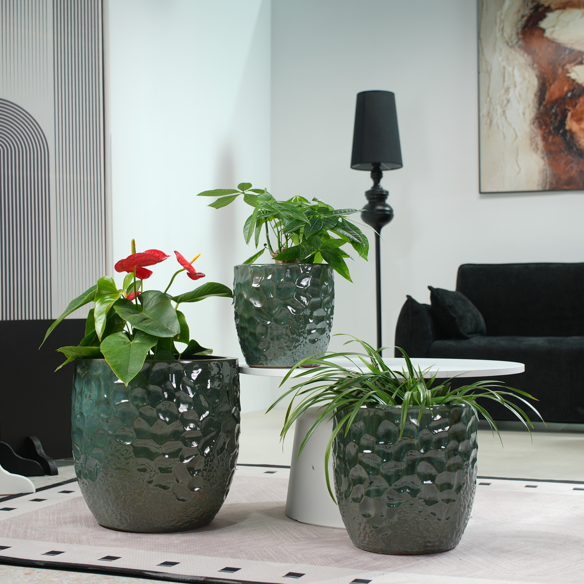 Keramik-blumentopf Ø18 Cm Dunkelgrün Glänzend Mit Hammerschlagrelief Und Abflussloch Havrya