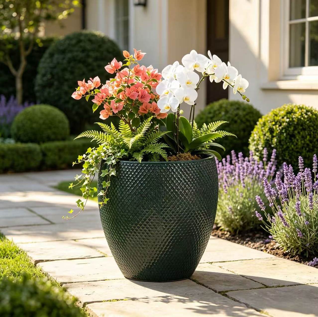 Keramik-gartenpflanzgefäß Ø46 X 53 Cm, Glänzend Dunkelgrün Mit Rautenrelief Havrya