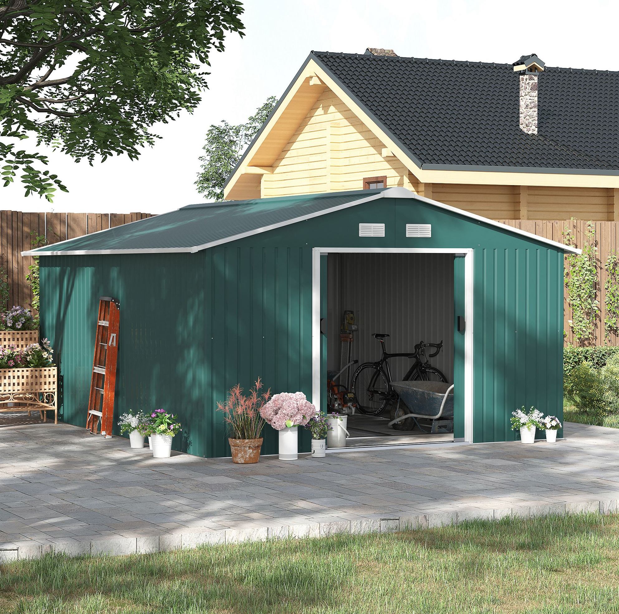 Metall-gartenhaus 12,4 M² Mit Pultdach, Schiebetür, Dunkelgrün Havrya