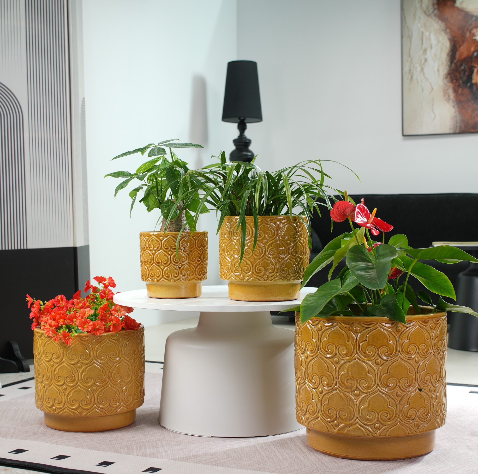 Blumentopf-set Aus Keramik, 4-teilig, Warmgelb Glänzend, Mit Drainagelöchern Havrya