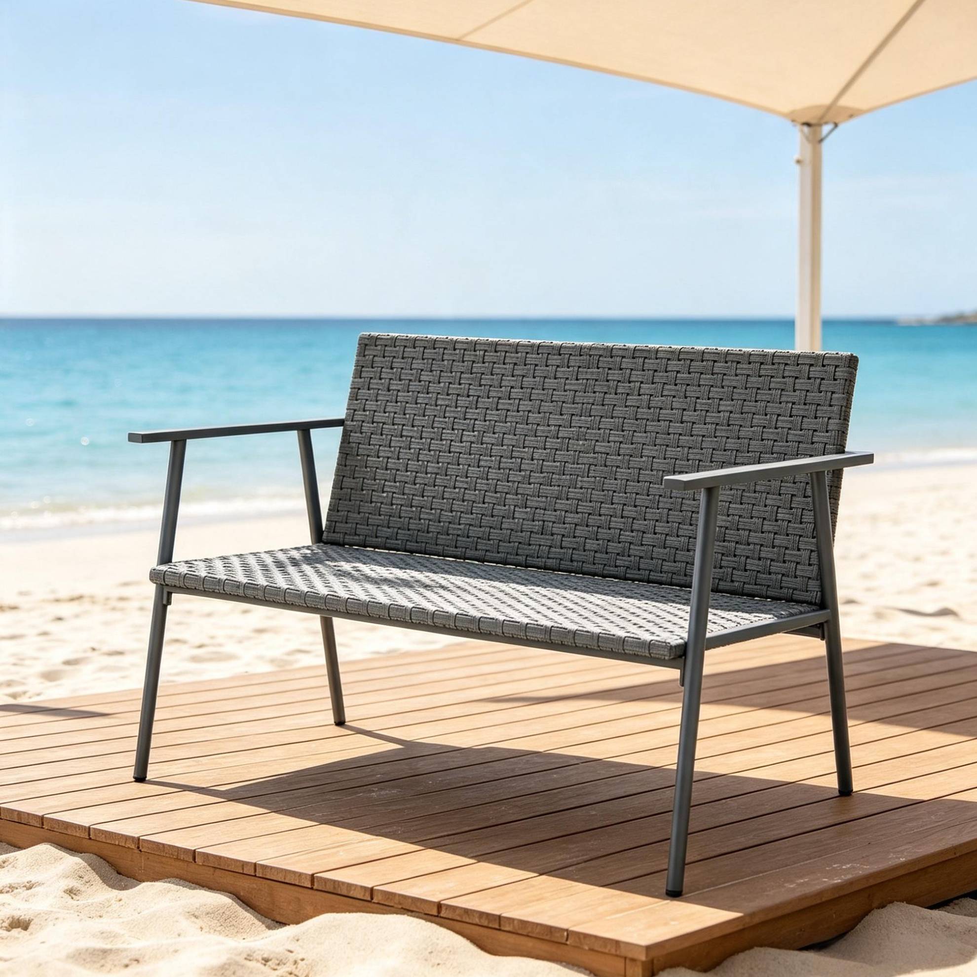 2-sitzer-gartenbank Aus Polyrattan Und Verzinktem Stahl, Grau, Mit Verstellbaren Füßen Havrya