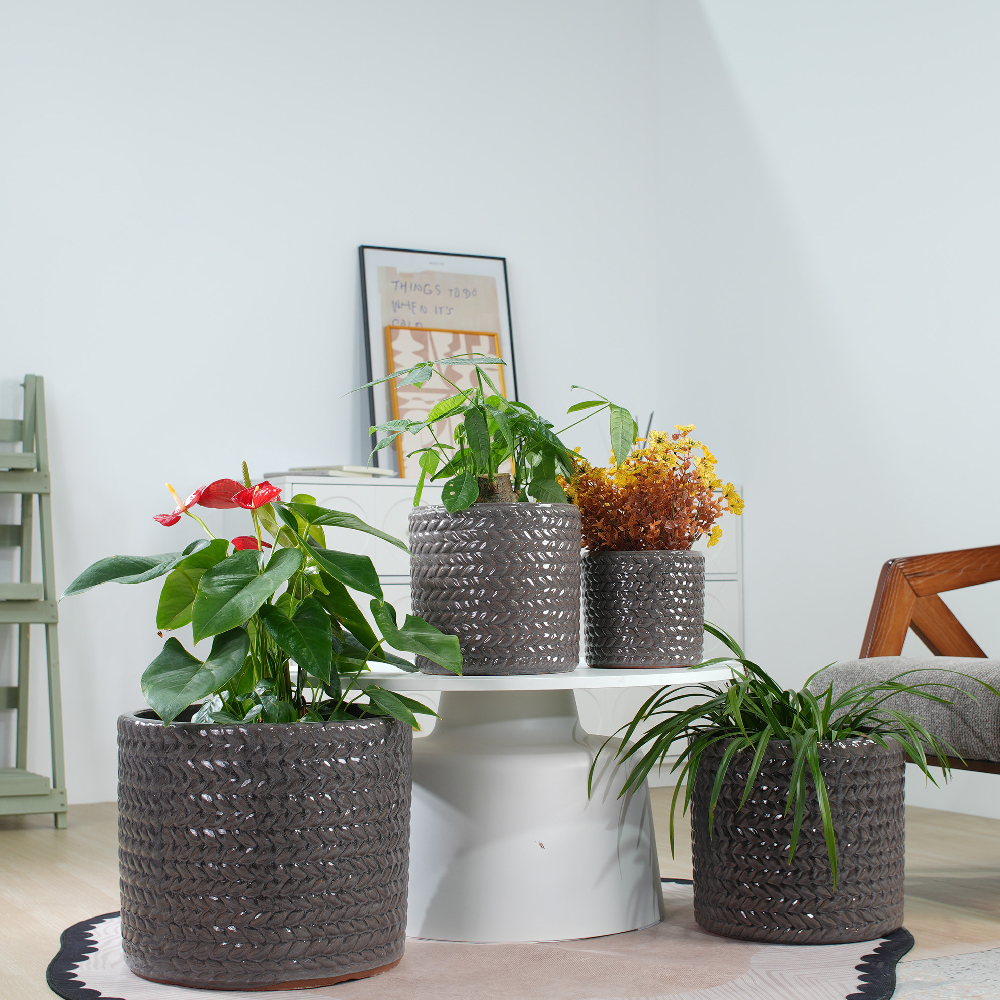Keramik-blumentopf Ø24,5 Cm, Glänzend Grau Mit Chevron-relief, Mit Drainageloch Havrya