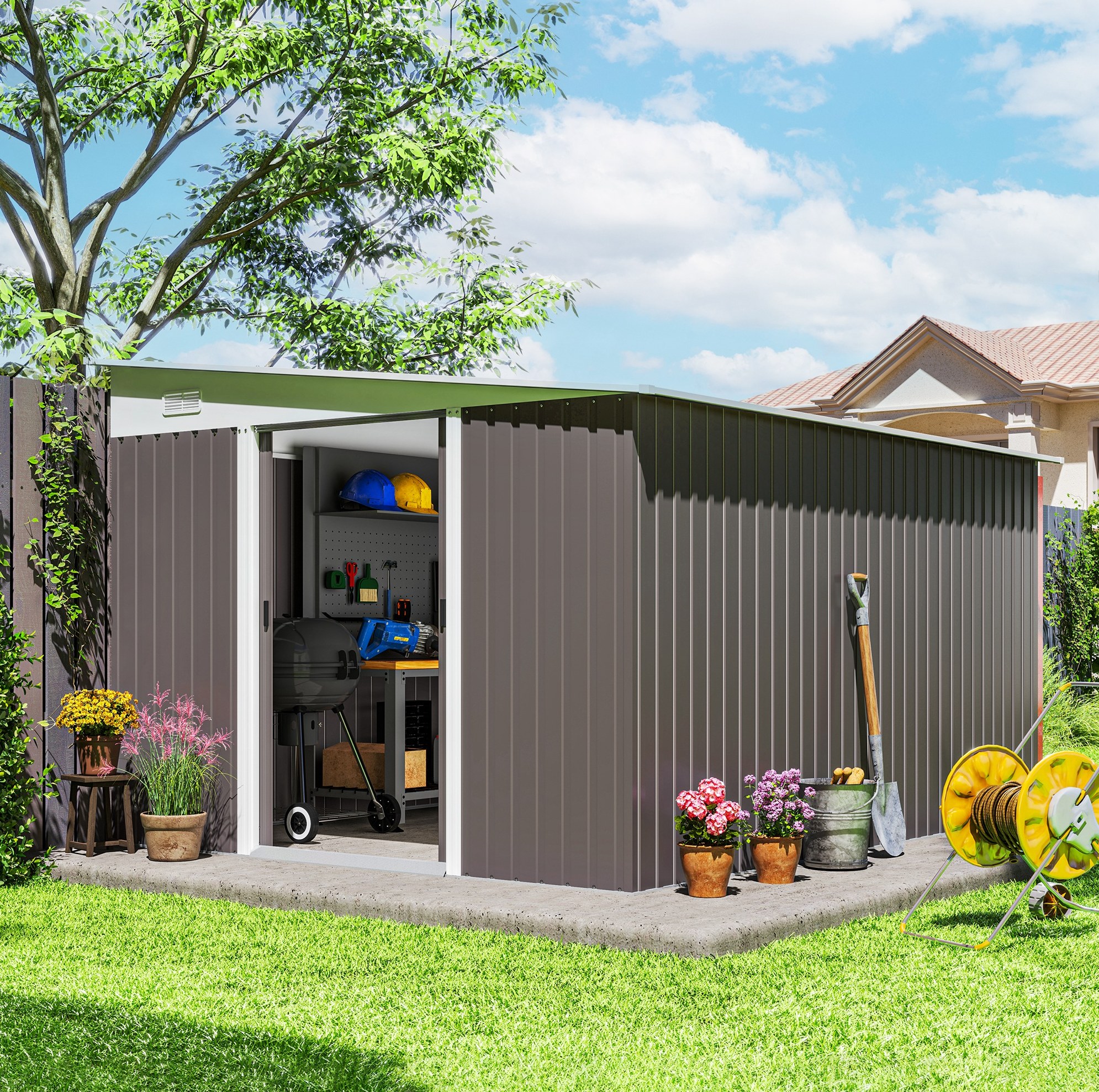 Metall-gartenhaus 8,9 M² Mit Pultdach Und Schiebetür, Grau Havrya