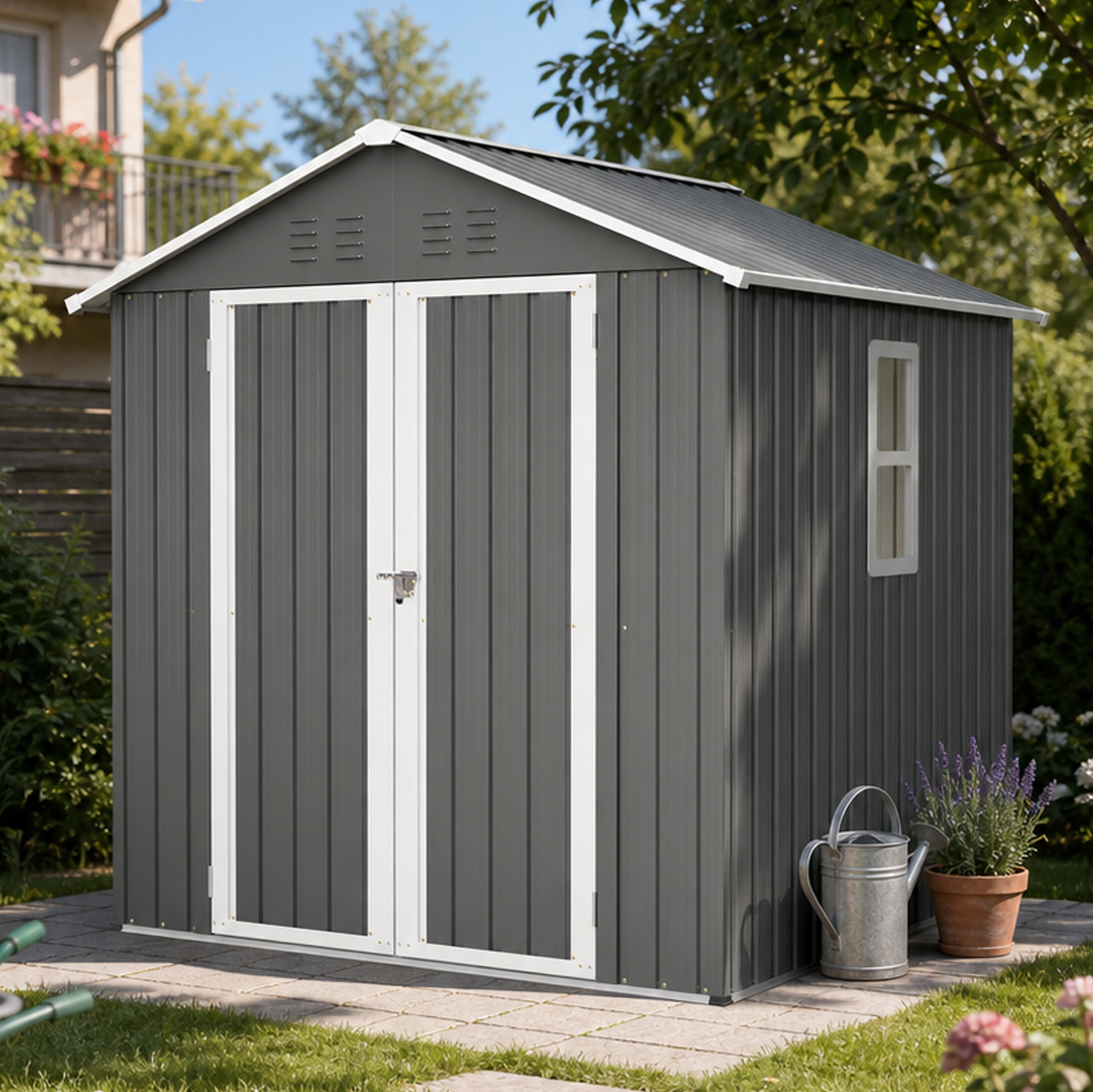 Grauer Metall-gartenhaus 184,8 X 182 X 191,1 Cm Mit Fenster Und Belüftung Havrya