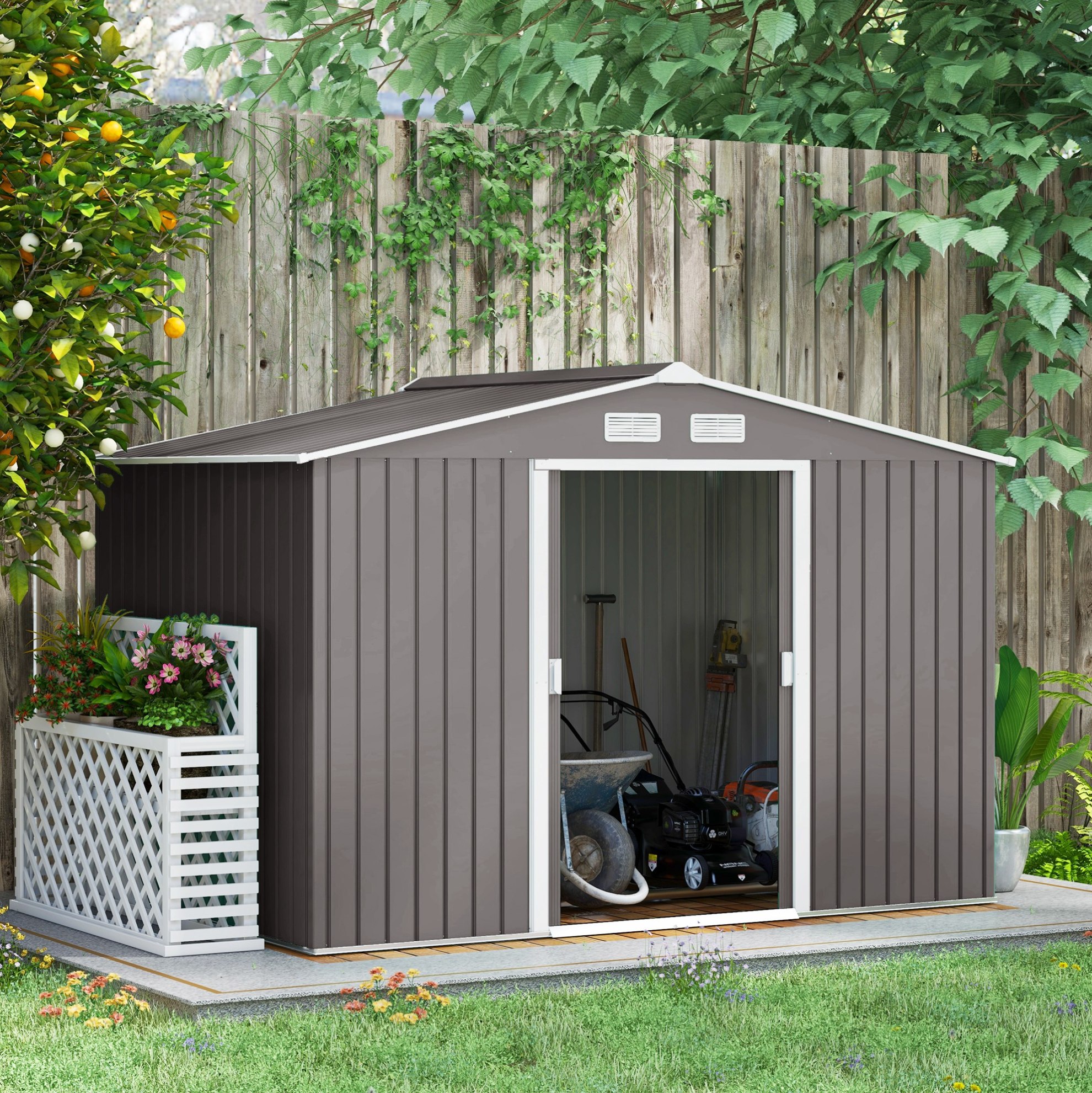 Metall-gartenhaus Mit Fundament, 277 X 195 X 192 Cm, 2 Schiebetüren, Grau Havrya