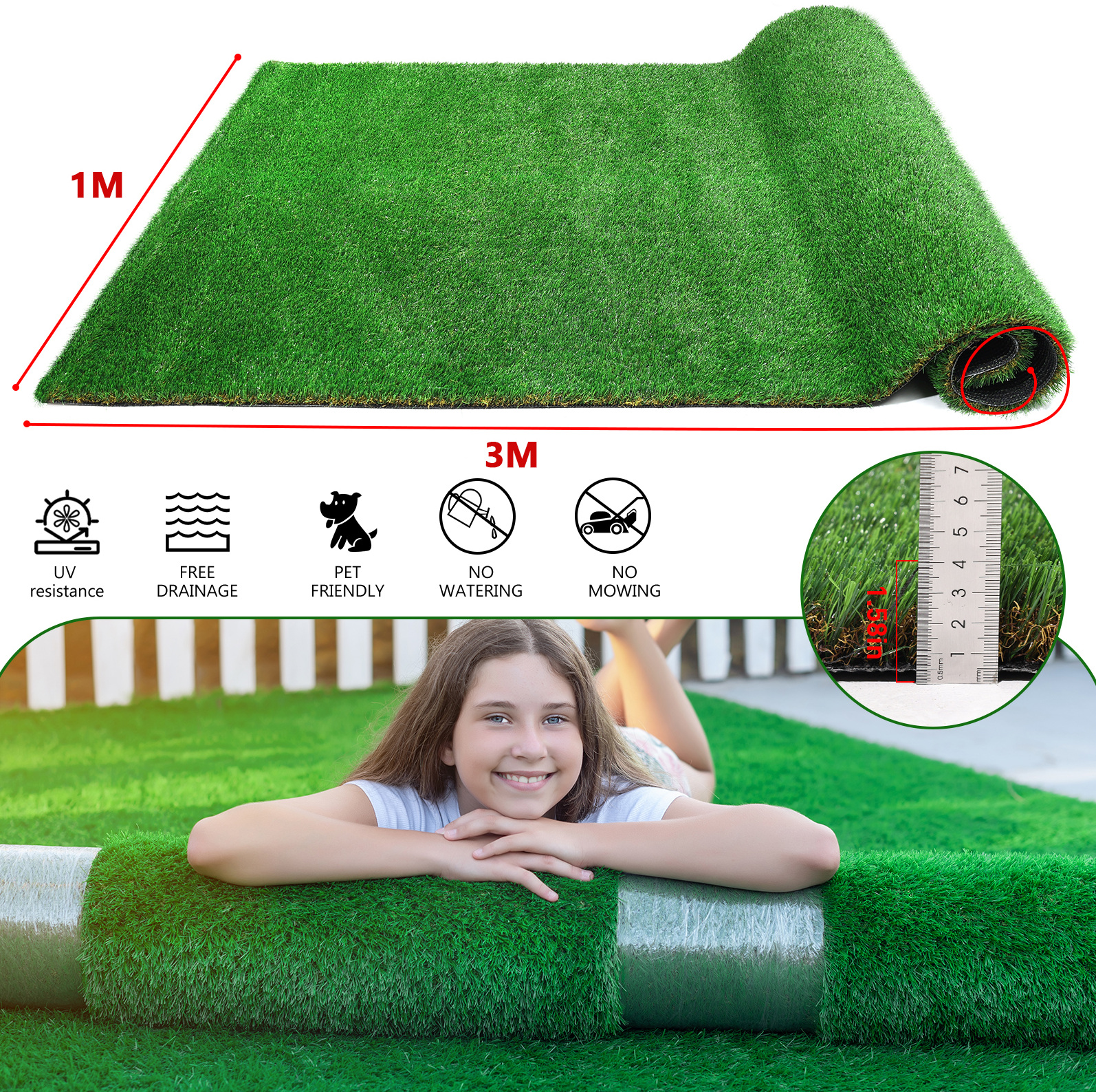 Künstlicher Rasen 1 X 3 M, 2 Cm Flor, Grün, Aus Polyethylen Havrya