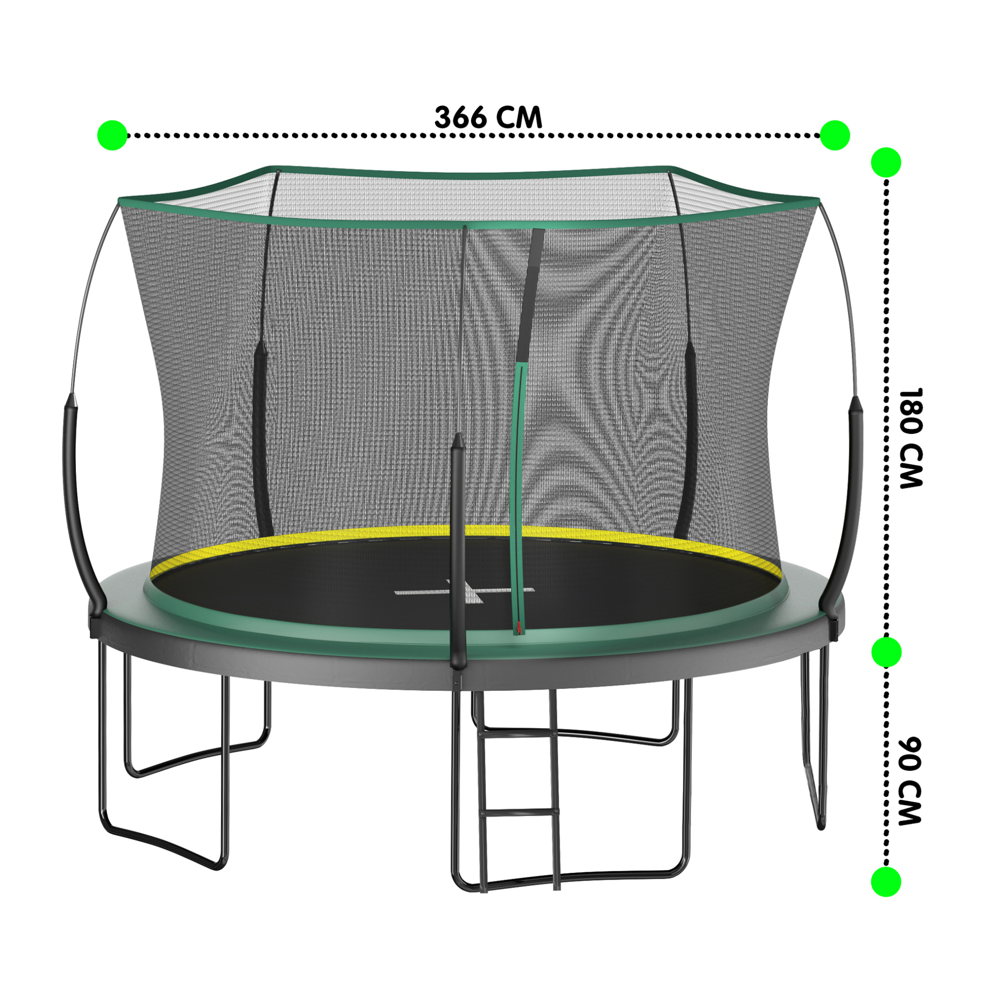 Gartentrampolin 366 Cm Mit Sicherheitsnetz, Ohne Federn, Grün Havrya