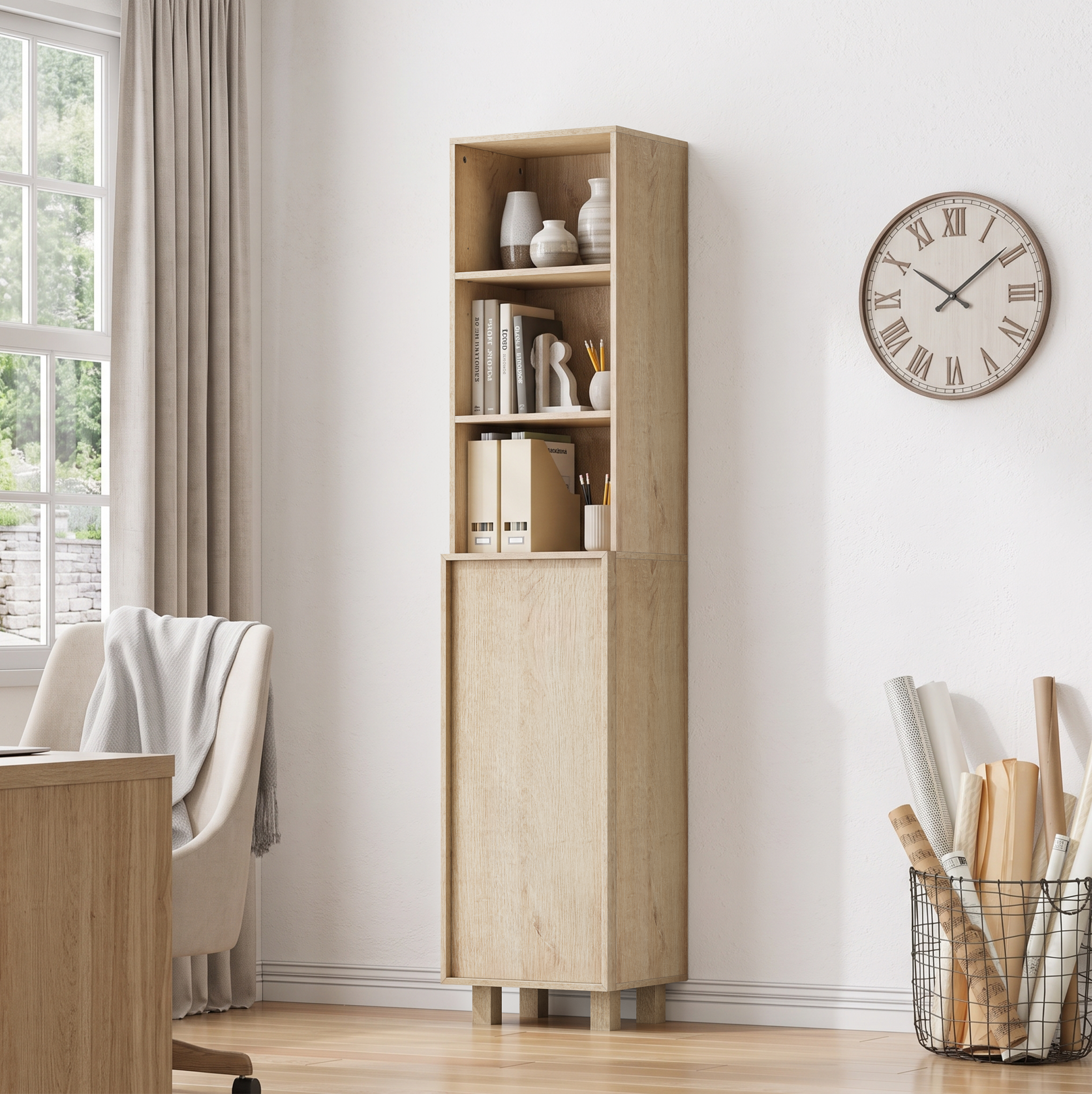 Hoher Badezimmerschrank 162,5 Cm In Eichenoptik Mit Türen Und Offenen Fächern Havrya