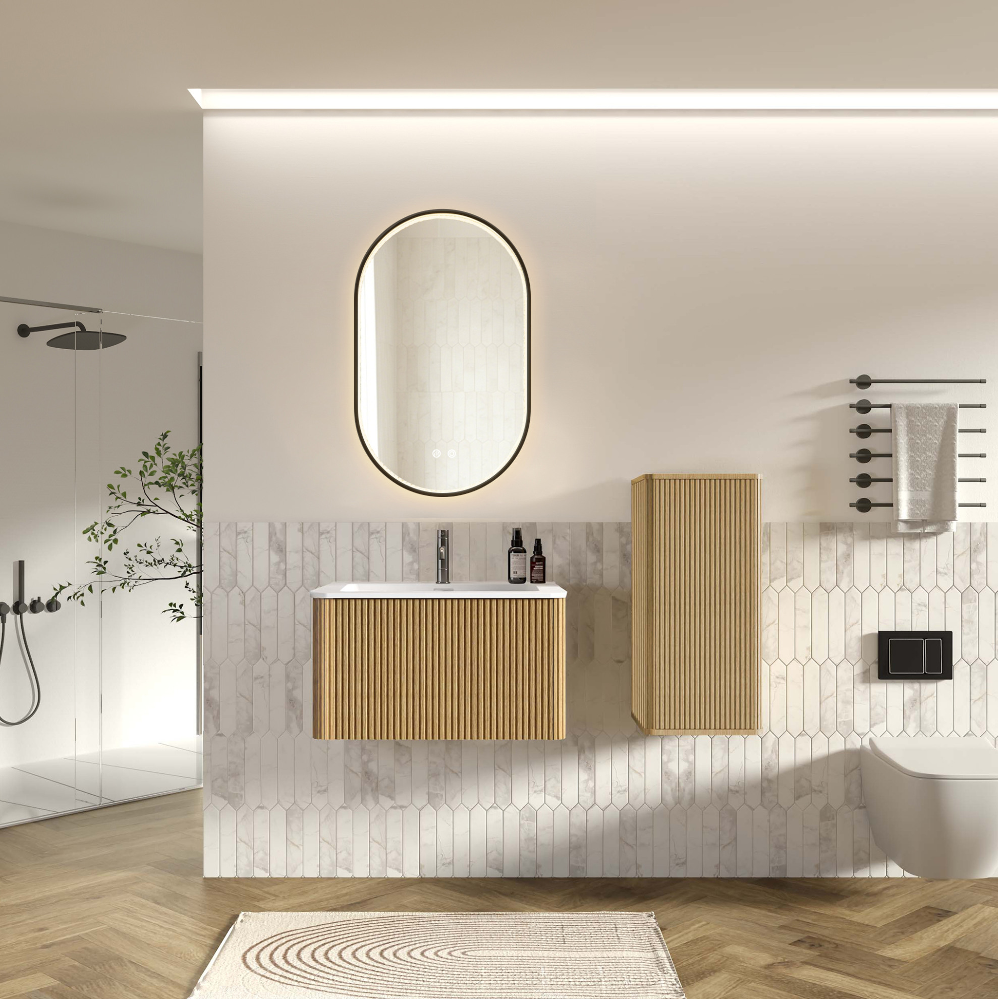 Badezimmermöbel Mit Waschbecken, Led-spiegel Und Hochschrank, 80 Cm, Eichenoptik Havrya
