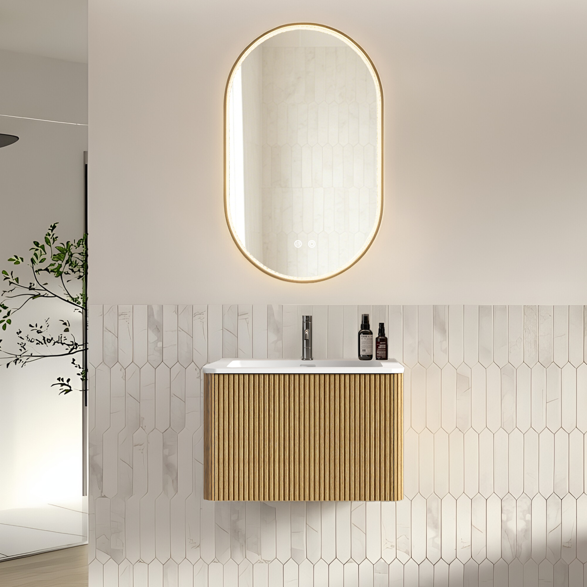 Badezimmermöbel Mit Waschbecken 60 Cm Und Ovalem Led-spiegel 50x80 Cm Havrya
