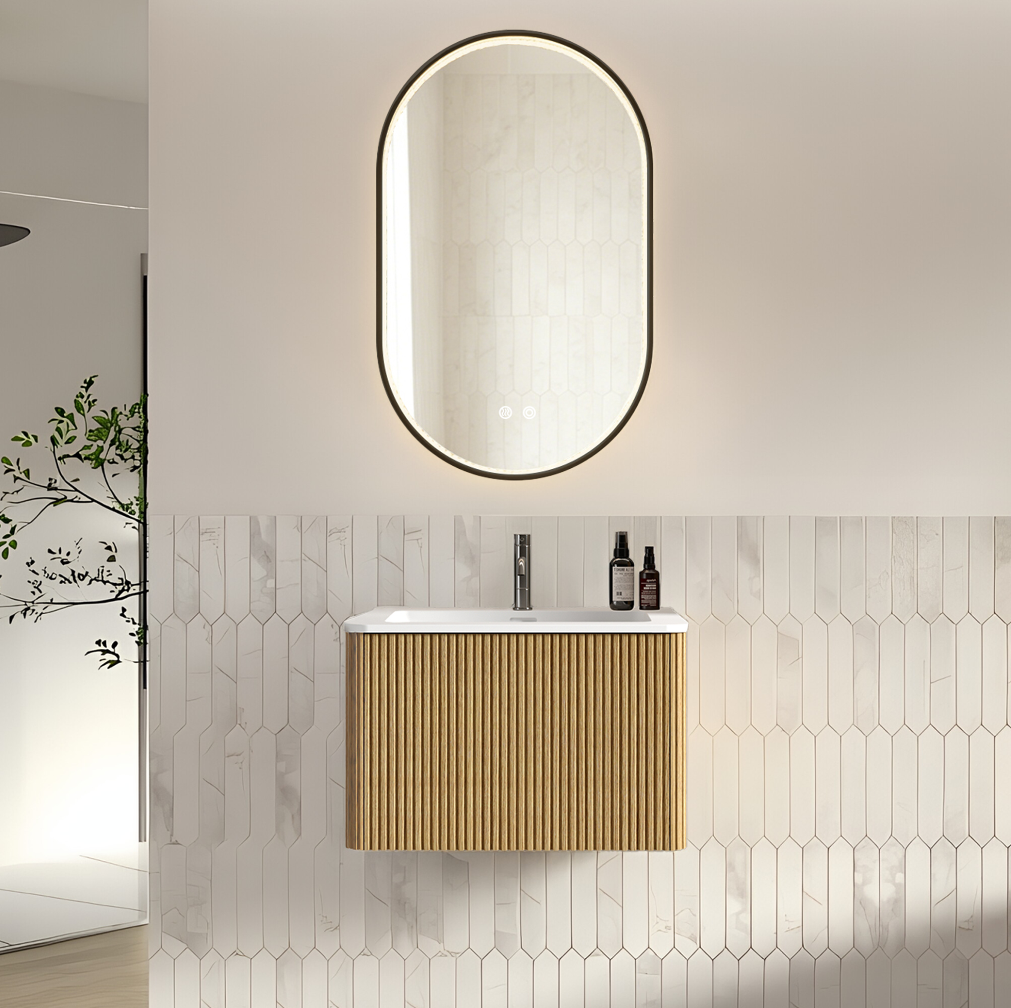 Badezimmermöbel Mit Waschbecken Und Led-spiegel 60 Cm, Hängend, Eiche Havrya