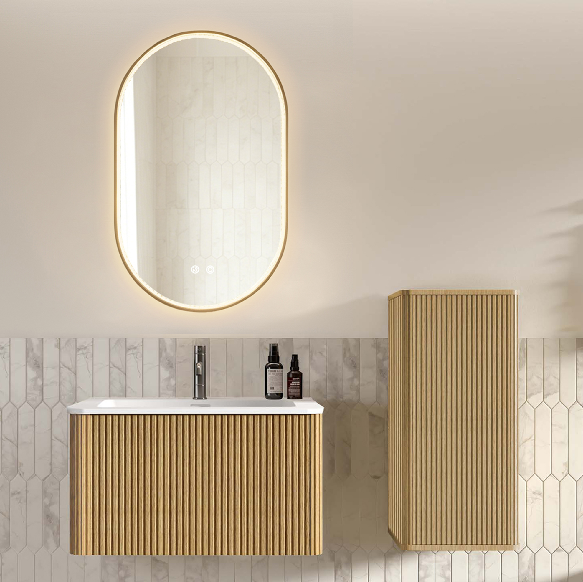 Badezimmermöbel Mit Waschtisch, Led-spiegel Und Hochschrank 80 Cm Eiche Havrya