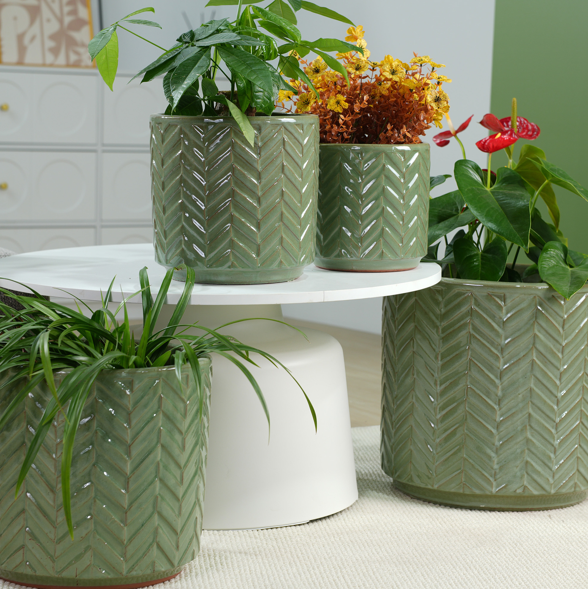 4er-set Keramik-blumentöpfe Ø38/31,5/24,5/20 Cm Salbeigrün, Glänzende Glasur Havrya