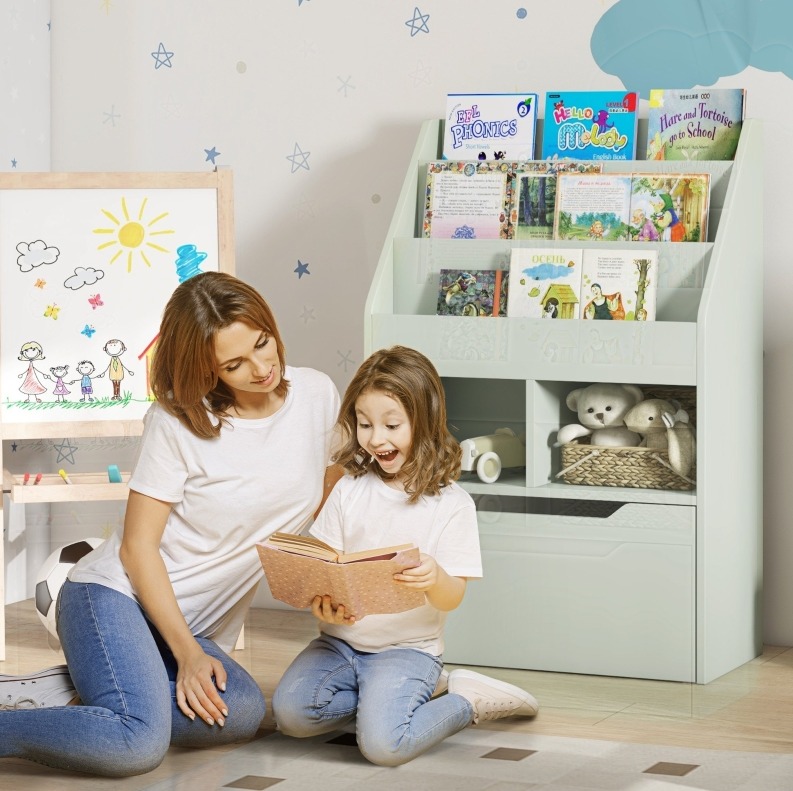 Kinderbücherregal Mit Schublade, 3 Fächern Und 2 Nischen, Hellgrün 60 X 29,9 X 90 Cm Havrya